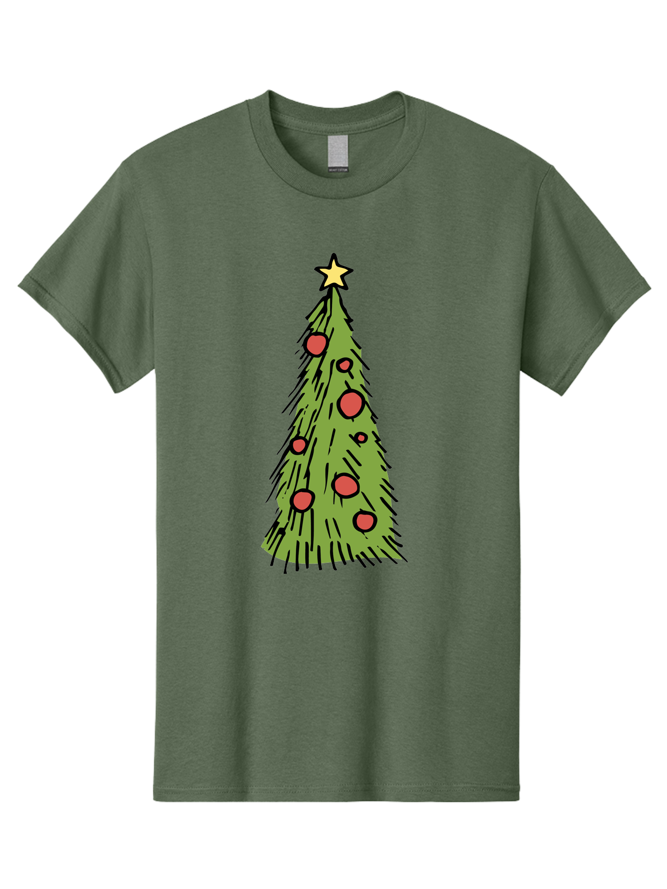 Christmas-Tree-2 Men'S Graphic Tee, 100% Cotton, Comfortable Casual Summer Wear, Machine Washable, Christmas Tree, Festive Decorations, Red Ornaments, Yellow Star, Holiday Season, Winter Wonderland, Cartoon Illustration, Simple Design -  Aaa823
