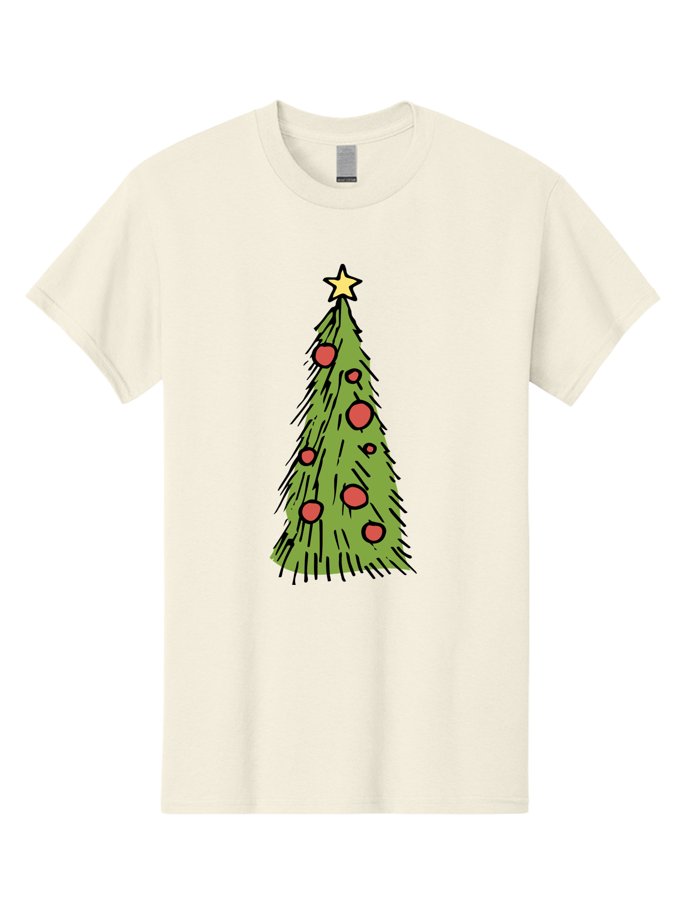 Christmas-Tree-2 Men'S Graphic Tee, 100% Cotton, Comfortable Casual Summer Wear, Machine Washable, Christmas Tree, Festive Decorations, Red Ornaments, Yellow Star, Holiday Season, Winter Wonderland, Cartoon Illustration, Simple Design -  Aaa823