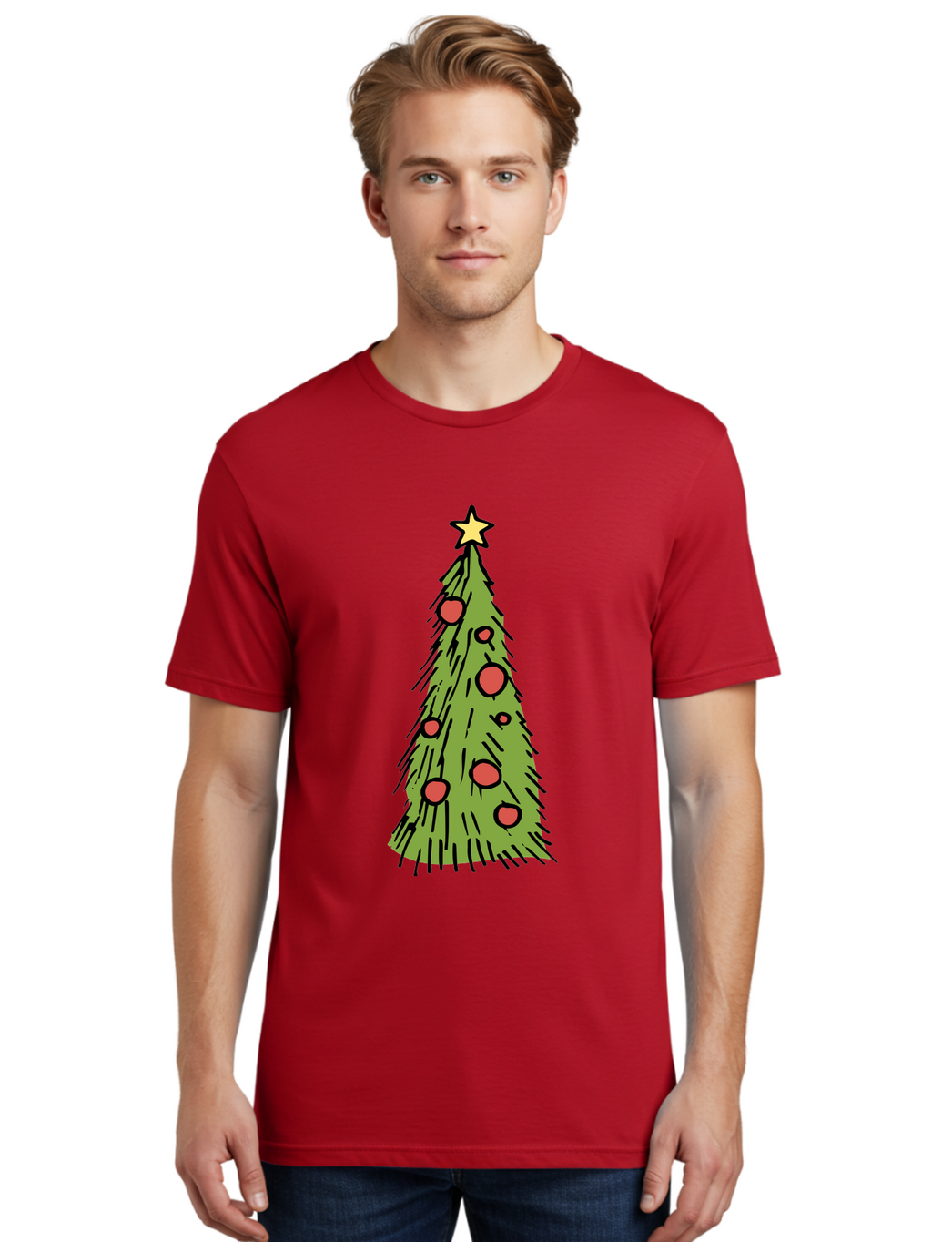 Christmas-Tree-2 Men'S Graphic Tee, 100% Cotton, Comfortable Casual Summer Wear, Machine Washable, Christmas Tree, Festive Decorations, Red Ornaments, Yellow Star, Holiday Season, Winter Wonderland, Cartoon Illustration, Simple Design -  Aaa823