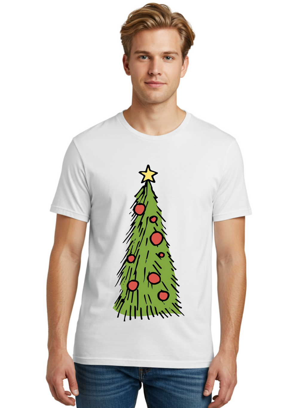 Christmas-Tree-2 Men'S Graphic Tee, 100% Cotton, Comfortable Casual Summer Wear, Machine Washable, Christmas Tree, Festive Decorations, Red Ornaments, Yellow Star, Holiday Season, Winter Wonderland, Cartoon Illustration, Simple Design -  Aaa823