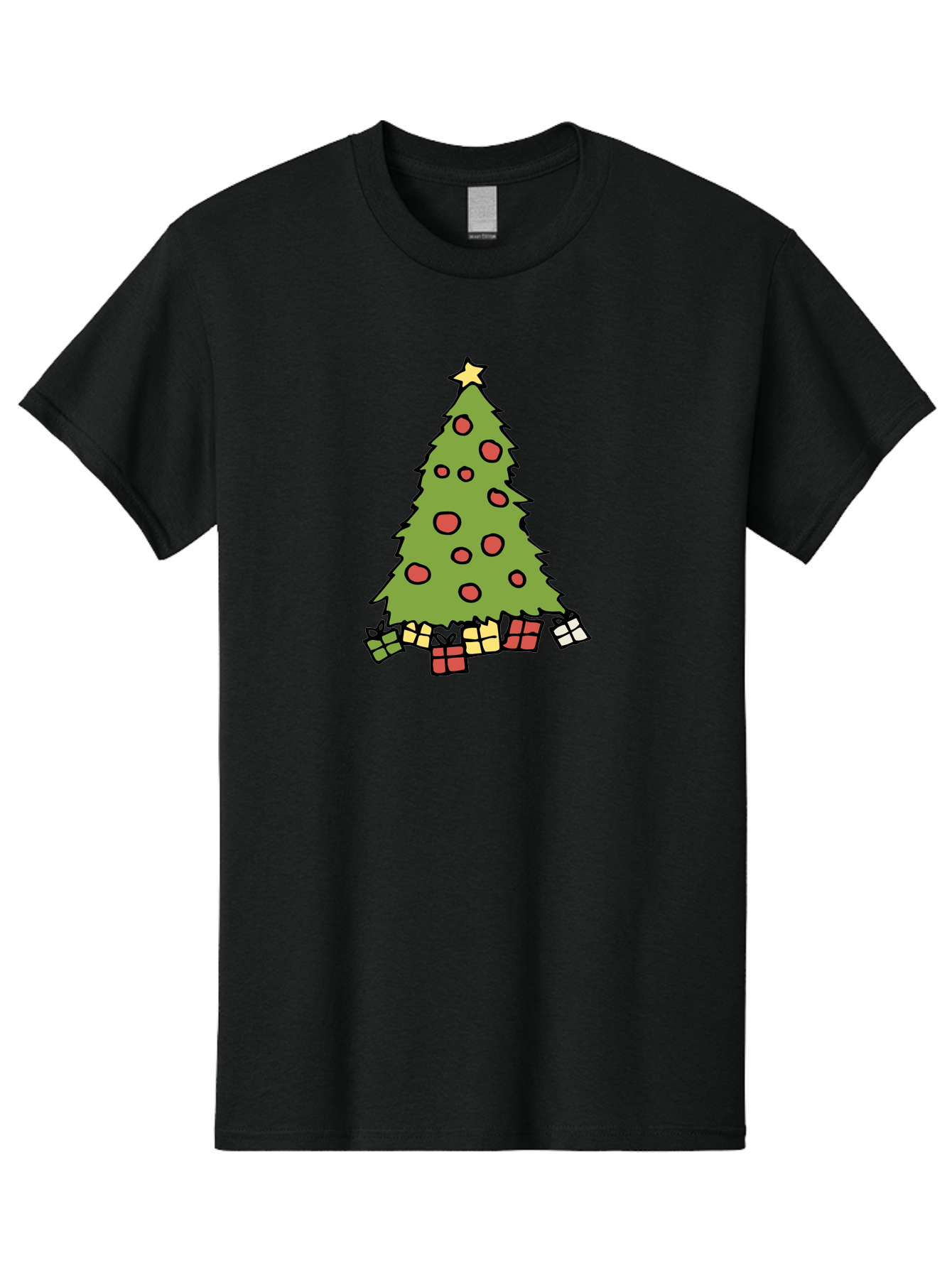 Christmas-Tree-3 Men'S Graphic Tee, 100% Cotton, Comfortable Casual Summer Wear, Machine Washable, Christmas Tree, Red Ornaments, Festive Decorations, Wrapped Gifts, Holiday Season, Joyful Atmosphere, Cartoon Style, Golden Star, -  Aaa824