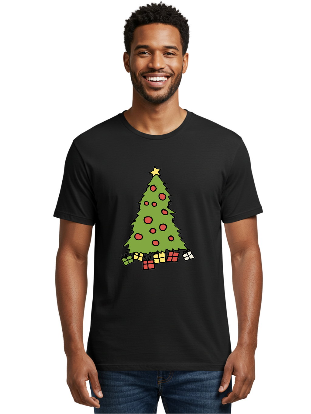 Christmas-Tree-3 Men'S Graphic Tee, 100% Cotton, Comfortable Casual Summer Wear, Machine Washable, Christmas Tree, Red Ornaments, Festive Decorations, Wrapped Gifts, Holiday Season, Joyful Atmosphere, Cartoon Style, Golden Star, -  Aaa824