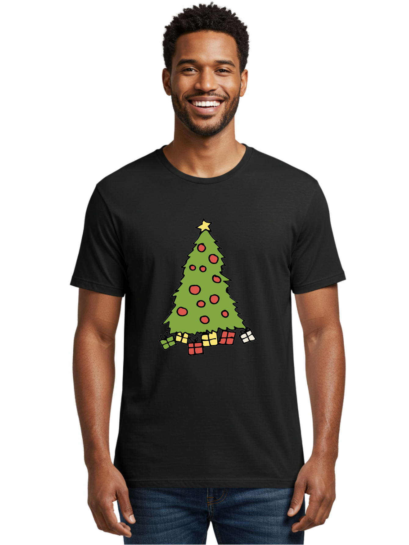 Christmas-Tree-3 Men'S Graphic Tee, 100% Cotton, Comfortable Casual Summer Wear, Machine Washable, Christmas Tree, Red Ornaments, Festive Decorations, Wrapped Gifts, Holiday Season, Joyful Atmosphere, Cartoon Style, Golden Star, -  Aaa824