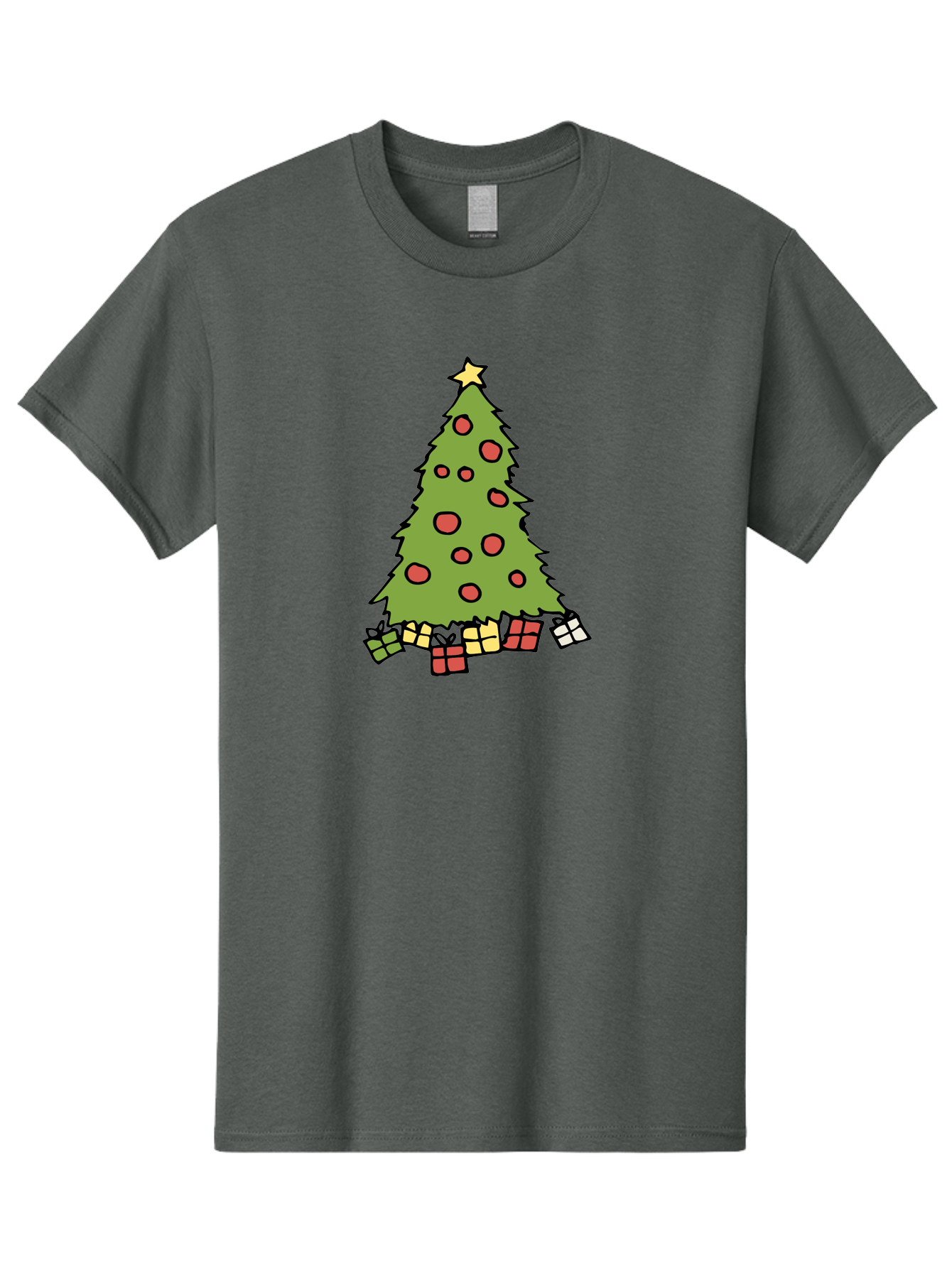 Christmas-Tree-3 Men'S Graphic Tee, 100% Cotton, Comfortable Casual Summer Wear, Machine Washable, Christmas Tree, Red Ornaments, Festive Decorations, Wrapped Gifts, Holiday Season, Joyful Atmosphere, Cartoon Style, Golden Star, -  Aaa824