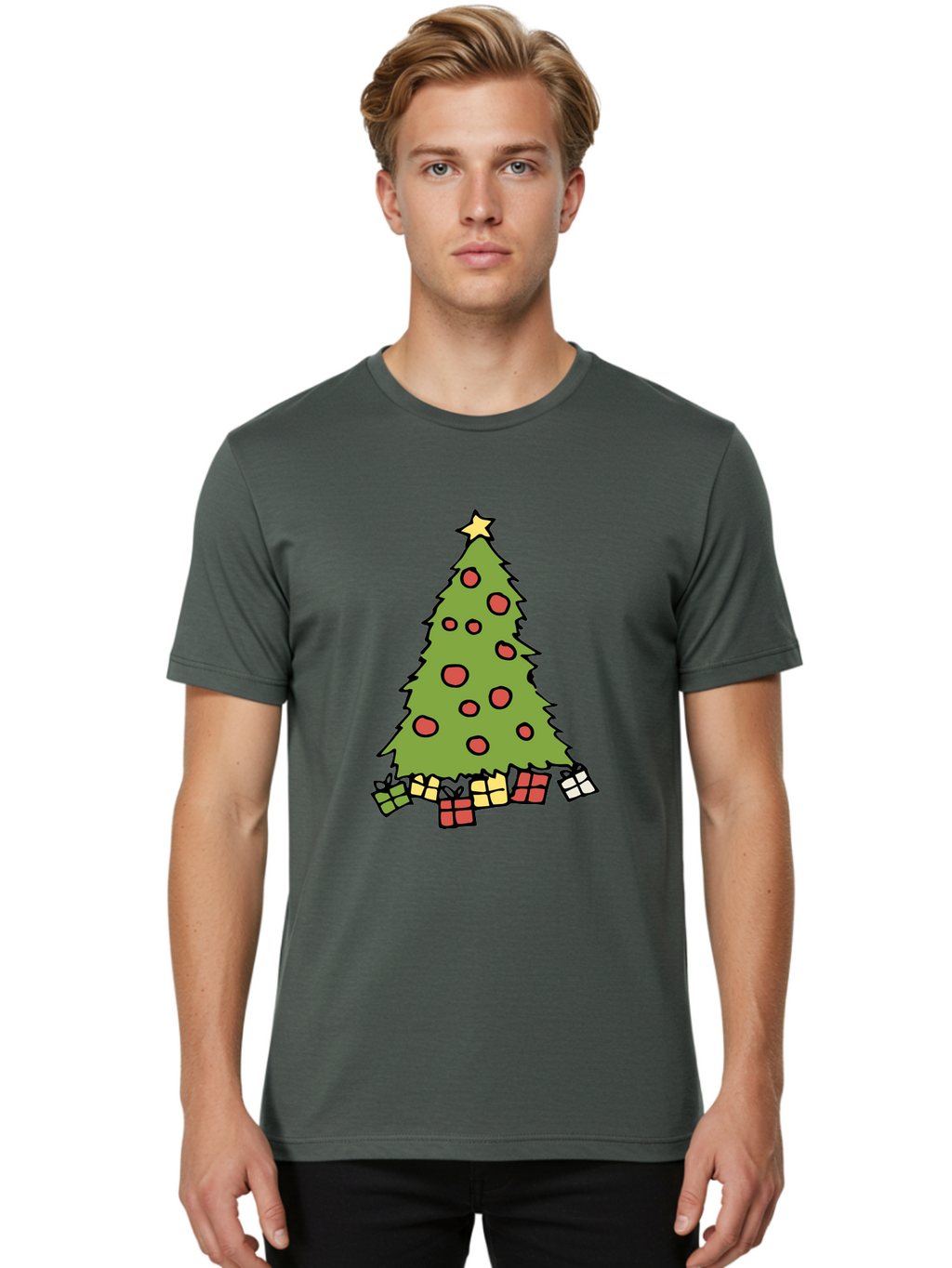 Christmas-Tree-3 Men'S Graphic Tee, 100% Cotton, Comfortable Casual Summer Wear, Machine Washable, Christmas Tree, Red Ornaments, Festive Decorations, Wrapped Gifts, Holiday Season, Joyful Atmosphere, Cartoon Style, Golden Star, -  Aaa824