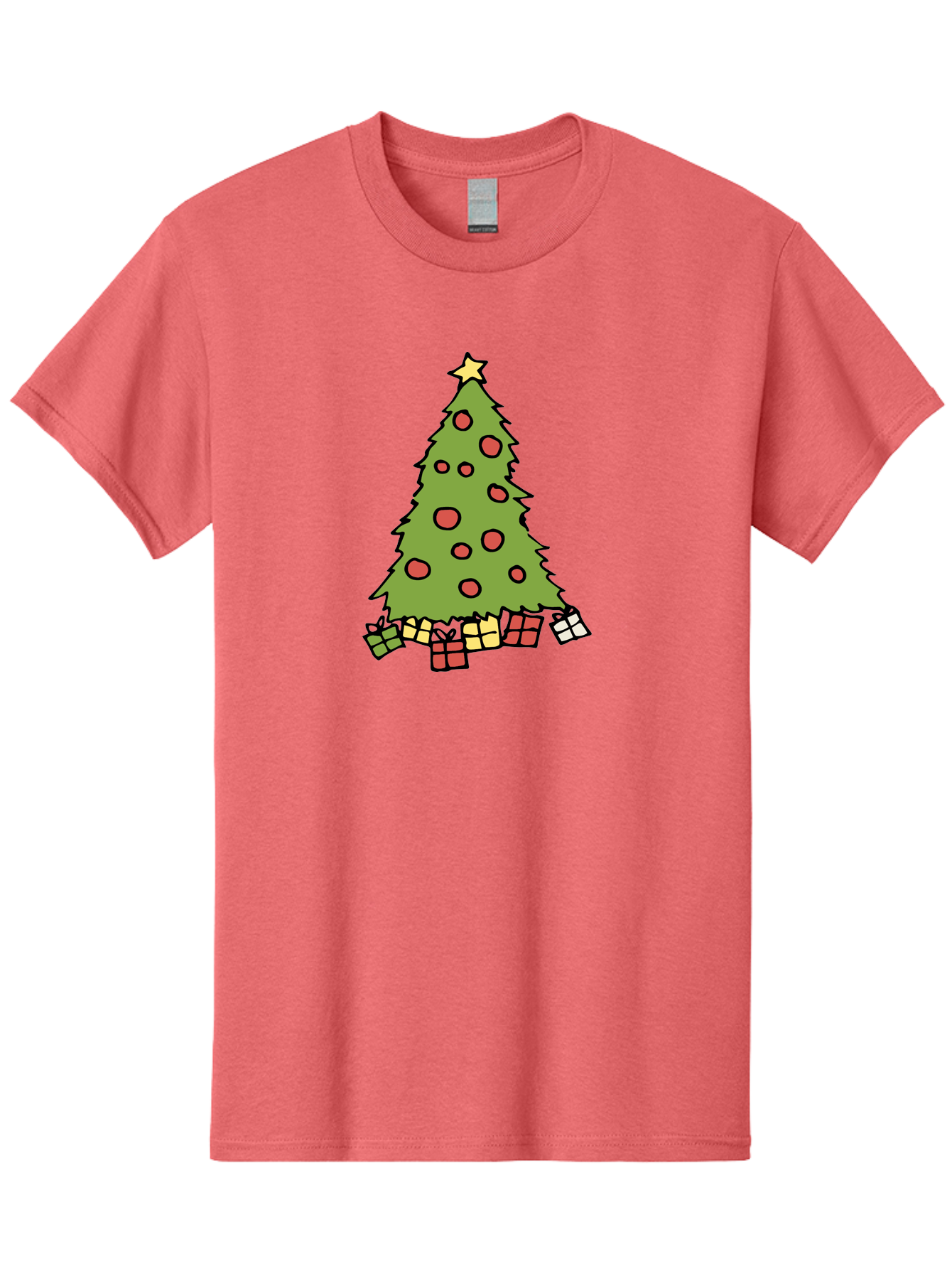 Christmas-Tree-3 Men'S Graphic Tee, 100% Cotton, Comfortable Casual Summer Wear, Machine Washable, Christmas Tree, Red Ornaments, Festive Decorations, Wrapped Gifts, Holiday Season, Joyful Atmosphere, Cartoon Style, Golden Star, -  Aaa824
