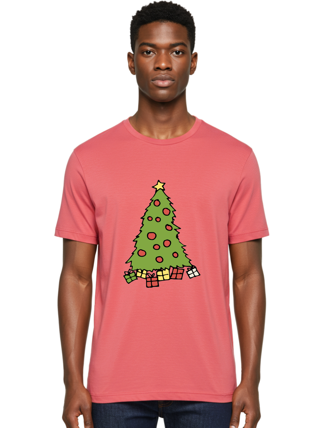 Christmas-Tree-3 Men'S Graphic Tee, 100% Cotton, Comfortable Casual Summer Wear, Machine Washable, Christmas Tree, Red Ornaments, Festive Decorations, Wrapped Gifts, Holiday Season, Joyful Atmosphere, Cartoon Style, Golden Star, -  Aaa824
