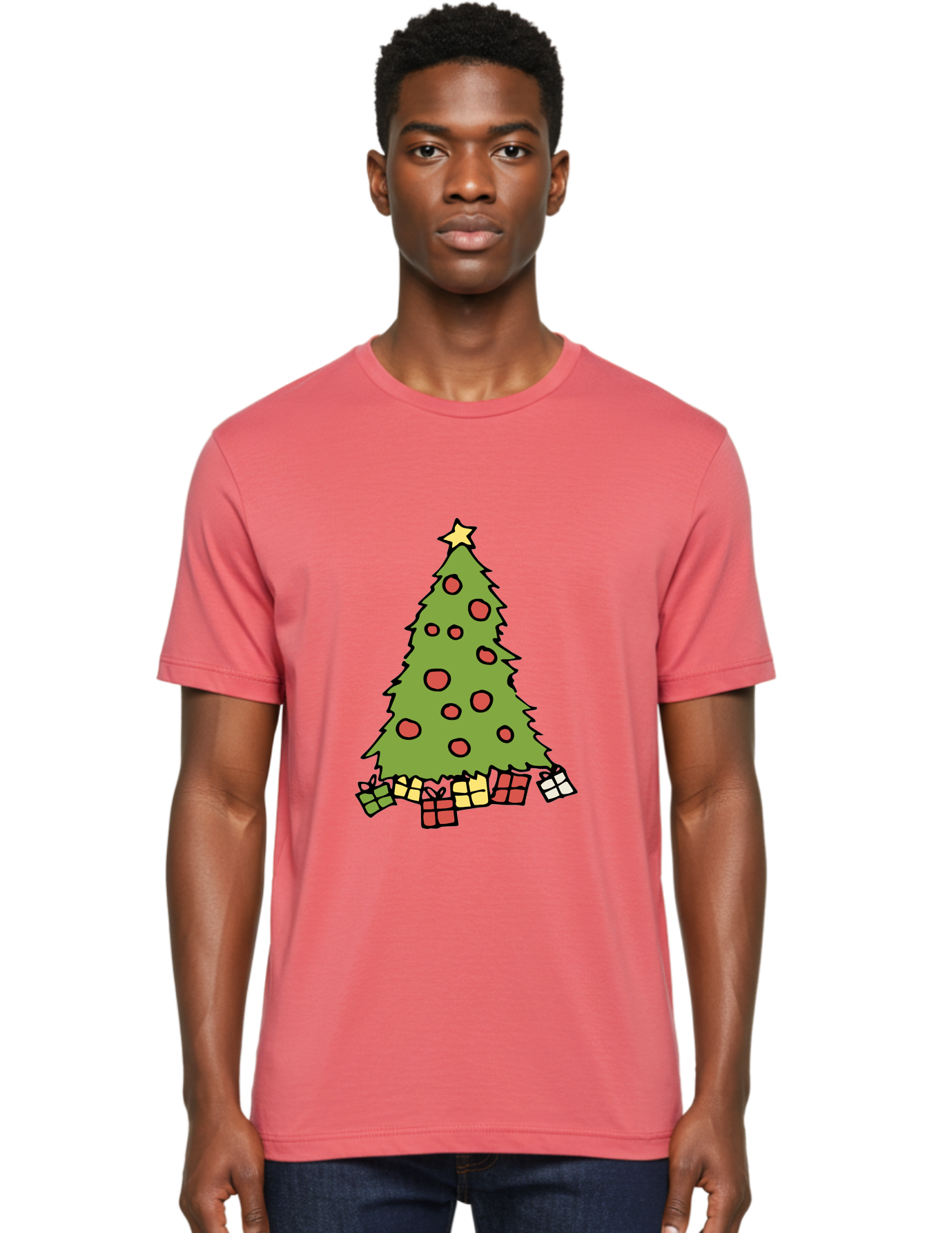 Christmas-Tree-3 Men'S Graphic Tee, 100% Cotton, Comfortable Casual Summer Wear, Machine Washable, Christmas Tree, Red Ornaments, Festive Decorations, Wrapped Gifts, Holiday Season, Joyful Atmosphere, Cartoon Style, Golden Star, -  Aaa824
