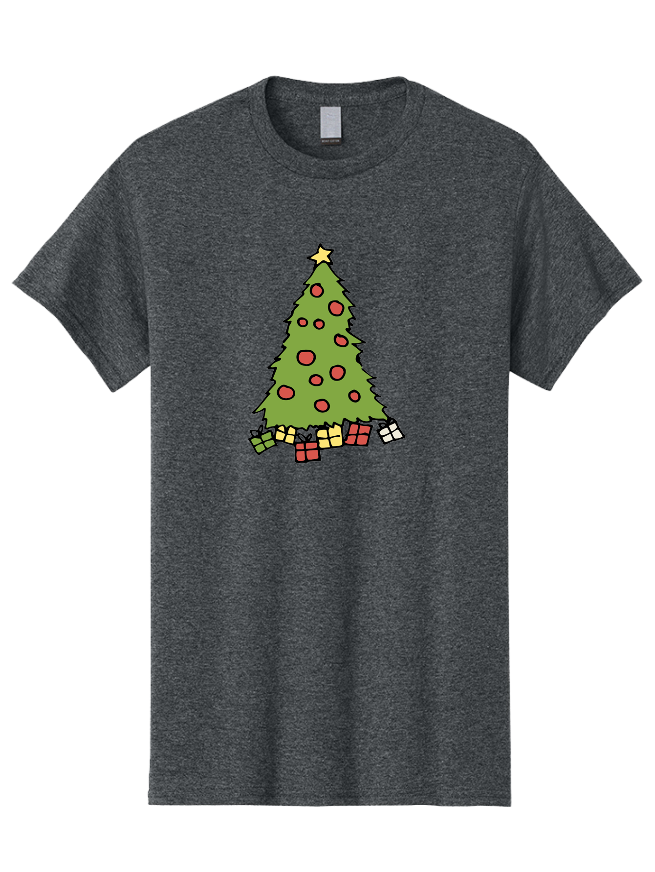 Christmas-Tree-3 Men'S Graphic Tee, 100% Cotton, Comfortable Casual Summer Wear, Machine Washable, Christmas Tree, Red Ornaments, Festive Decorations, Wrapped Gifts, Holiday Season, Joyful Atmosphere, Cartoon Style, Golden Star, -  Aaa824