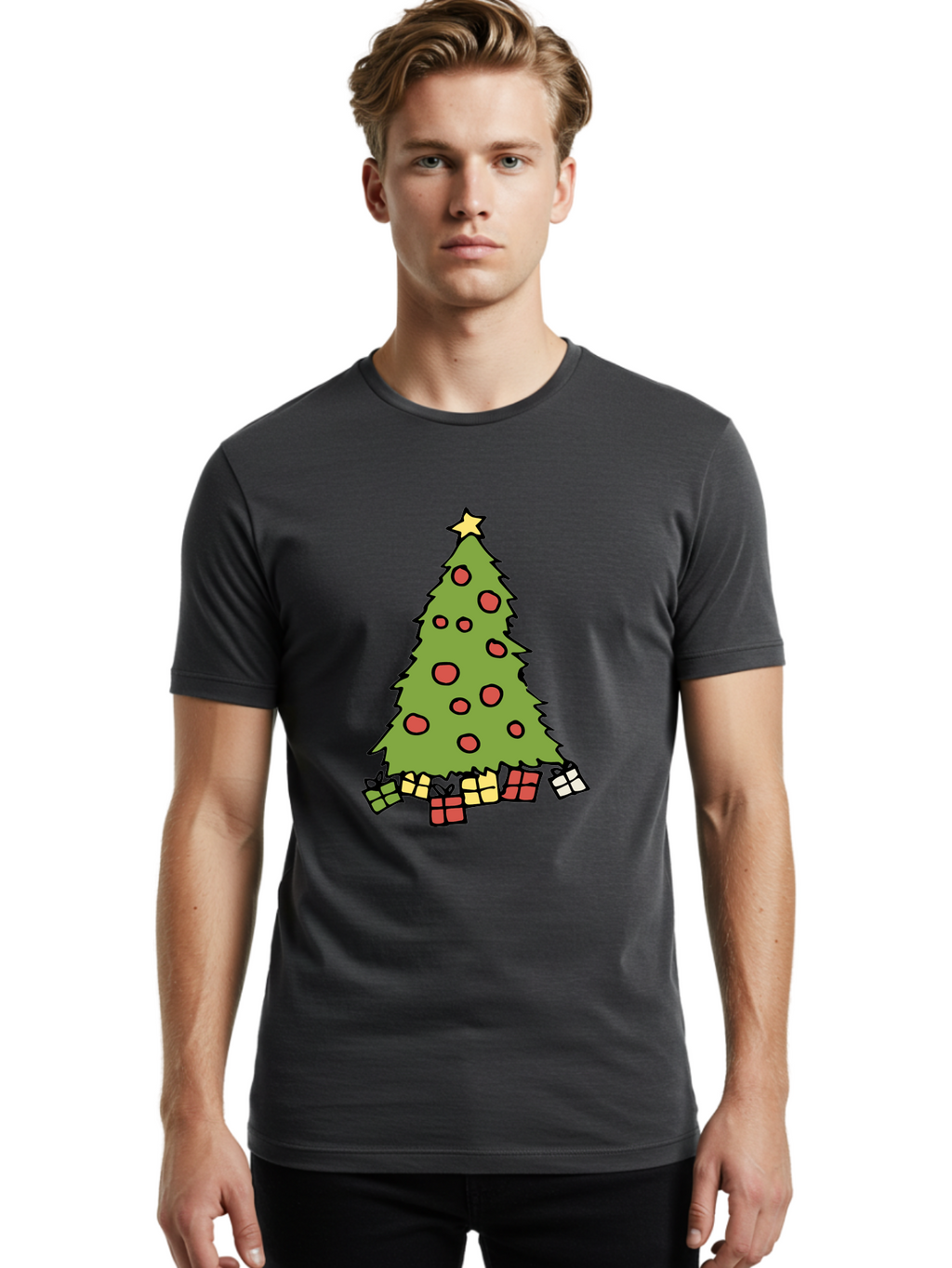Christmas-Tree-3 Men'S Graphic Tee, 100% Cotton, Comfortable Casual Summer Wear, Machine Washable, Christmas Tree, Red Ornaments, Festive Decorations, Wrapped Gifts, Holiday Season, Joyful Atmosphere, Cartoon Style, Golden Star, -  Aaa824