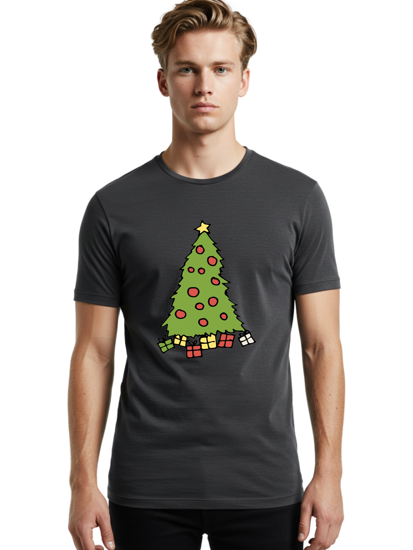 Christmas-Tree-3 Men'S Graphic Tee, 100% Cotton, Comfortable Casual Summer Wear, Machine Washable, Christmas Tree, Red Ornaments, Festive Decorations, Wrapped Gifts, Holiday Season, Joyful Atmosphere, Cartoon Style, Golden Star, -  Aaa824