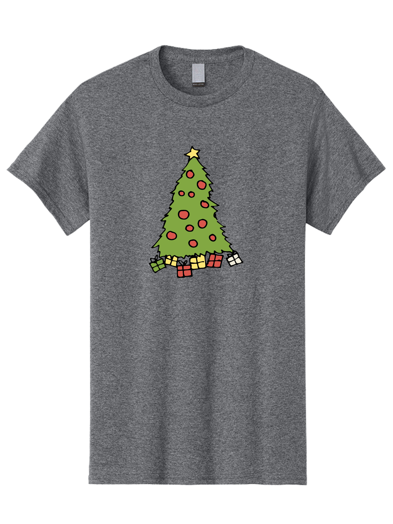 Christmas-Tree-3 Men'S Graphic Tee, 100% Cotton, Comfortable Casual Summer Wear, Machine Washable, Christmas Tree, Red Ornaments, Festive Decorations, Wrapped Gifts, Holiday Season, Joyful Atmosphere, Cartoon Style, Golden Star, -  Aaa824