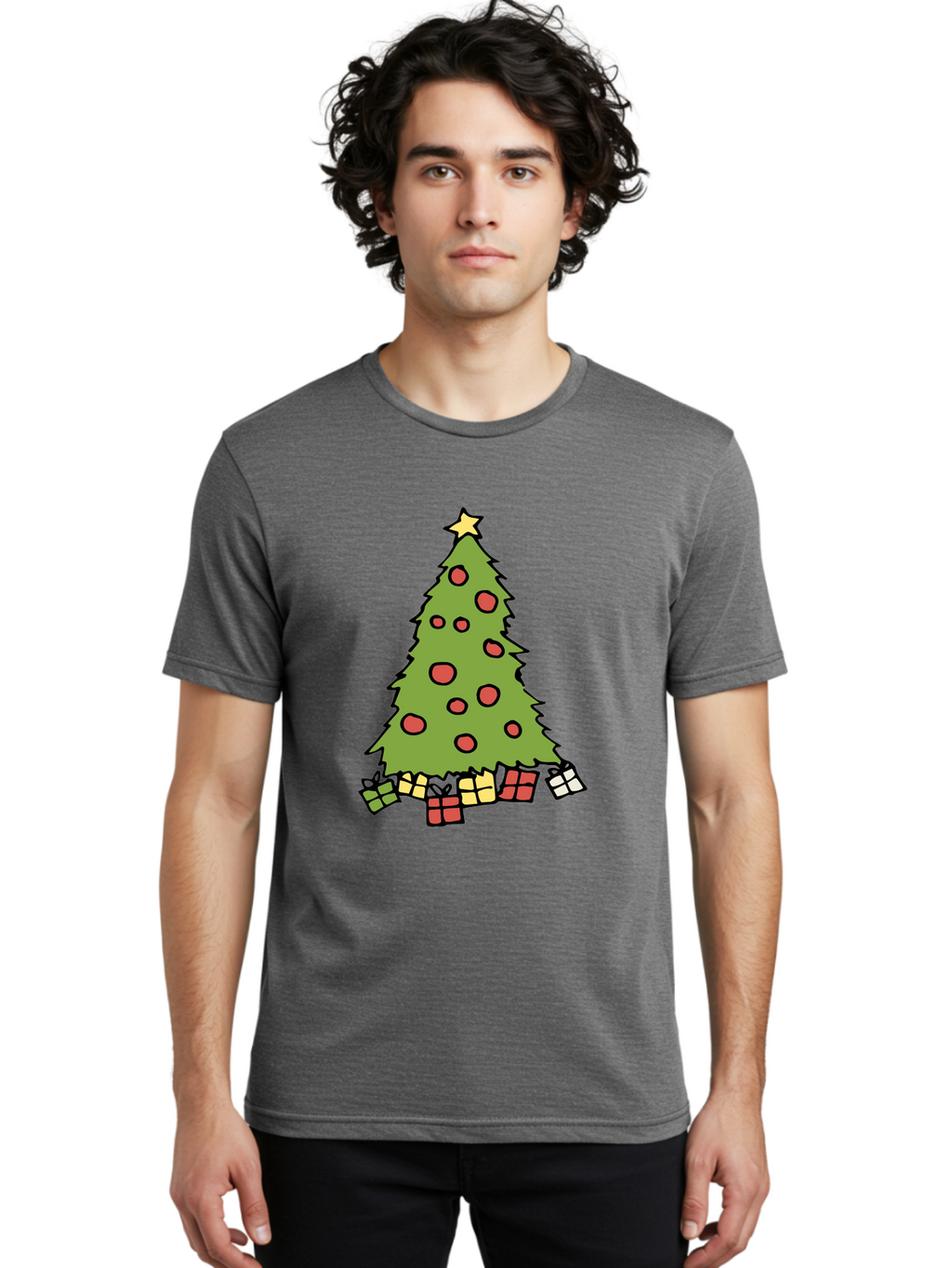 Christmas-Tree-3 Men'S Graphic Tee, 100% Cotton, Comfortable Casual Summer Wear, Machine Washable, Christmas Tree, Red Ornaments, Festive Decorations, Wrapped Gifts, Holiday Season, Joyful Atmosphere, Cartoon Style, Golden Star, -  Aaa824