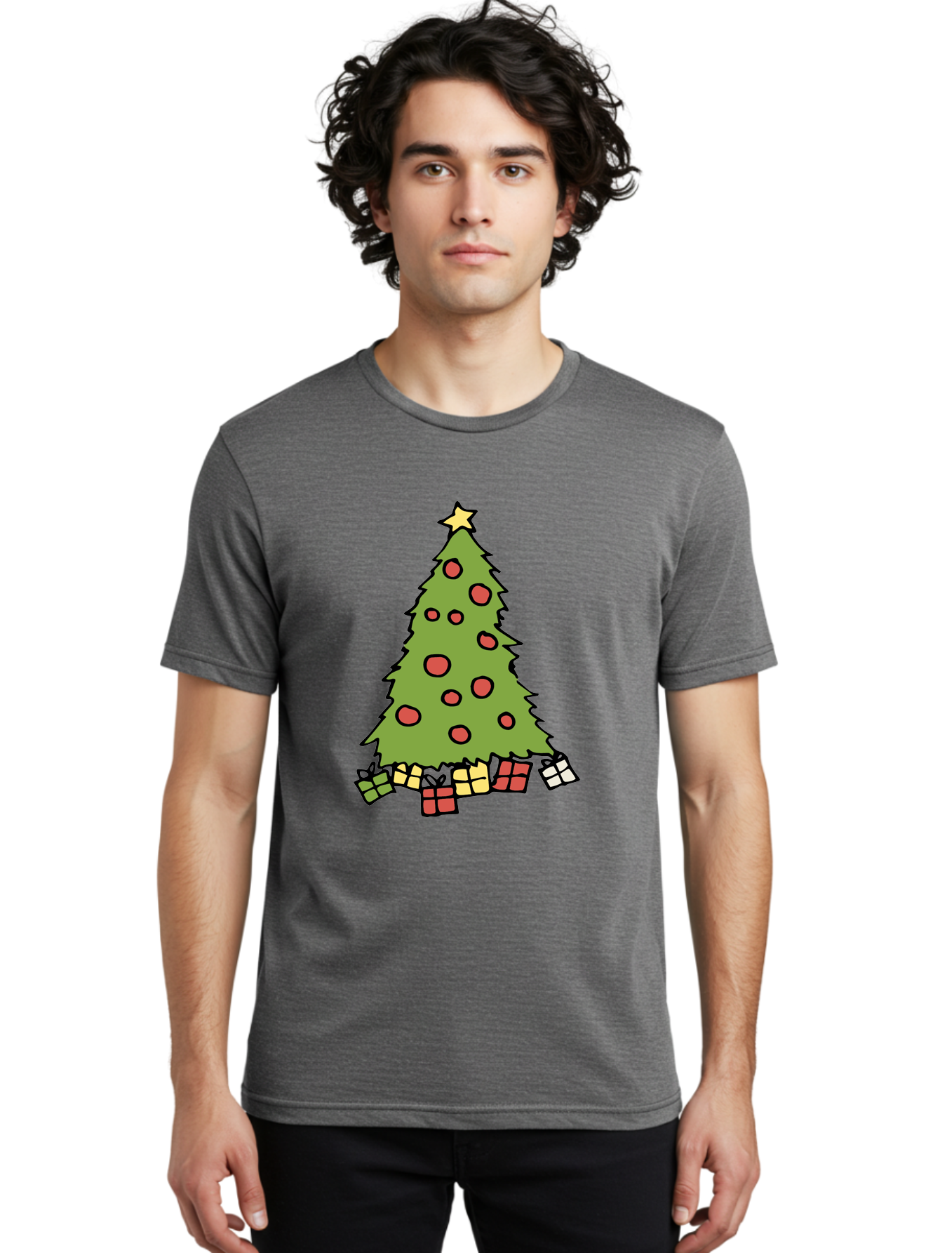 Christmas-Tree-3 Men'S Graphic Tee, 100% Cotton, Comfortable Casual Summer Wear, Machine Washable, Christmas Tree, Red Ornaments, Festive Decorations, Wrapped Gifts, Holiday Season, Joyful Atmosphere, Cartoon Style, Golden Star, -  Aaa824
