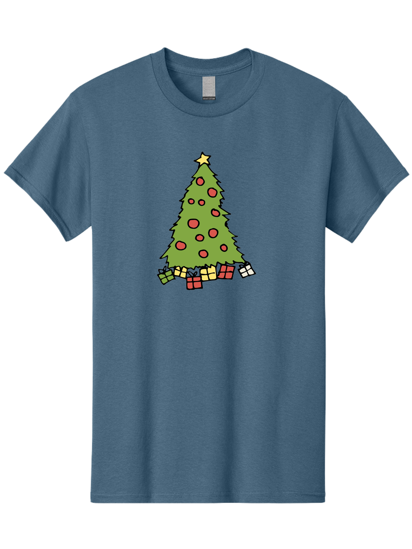 Christmas-Tree-3 Men'S Graphic Tee, 100% Cotton, Comfortable Casual Summer Wear, Machine Washable, Christmas Tree, Red Ornaments, Festive Decorations, Wrapped Gifts, Holiday Season, Joyful Atmosphere, Cartoon Style, Golden Star, -  Aaa824