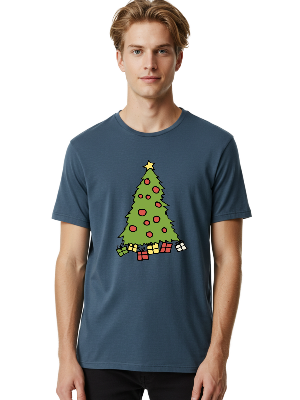 Christmas-Tree-3 Men'S Graphic Tee, 100% Cotton, Comfortable Casual Summer Wear, Machine Washable, Christmas Tree, Red Ornaments, Festive Decorations, Wrapped Gifts, Holiday Season, Joyful Atmosphere, Cartoon Style, Golden Star, -  Aaa824