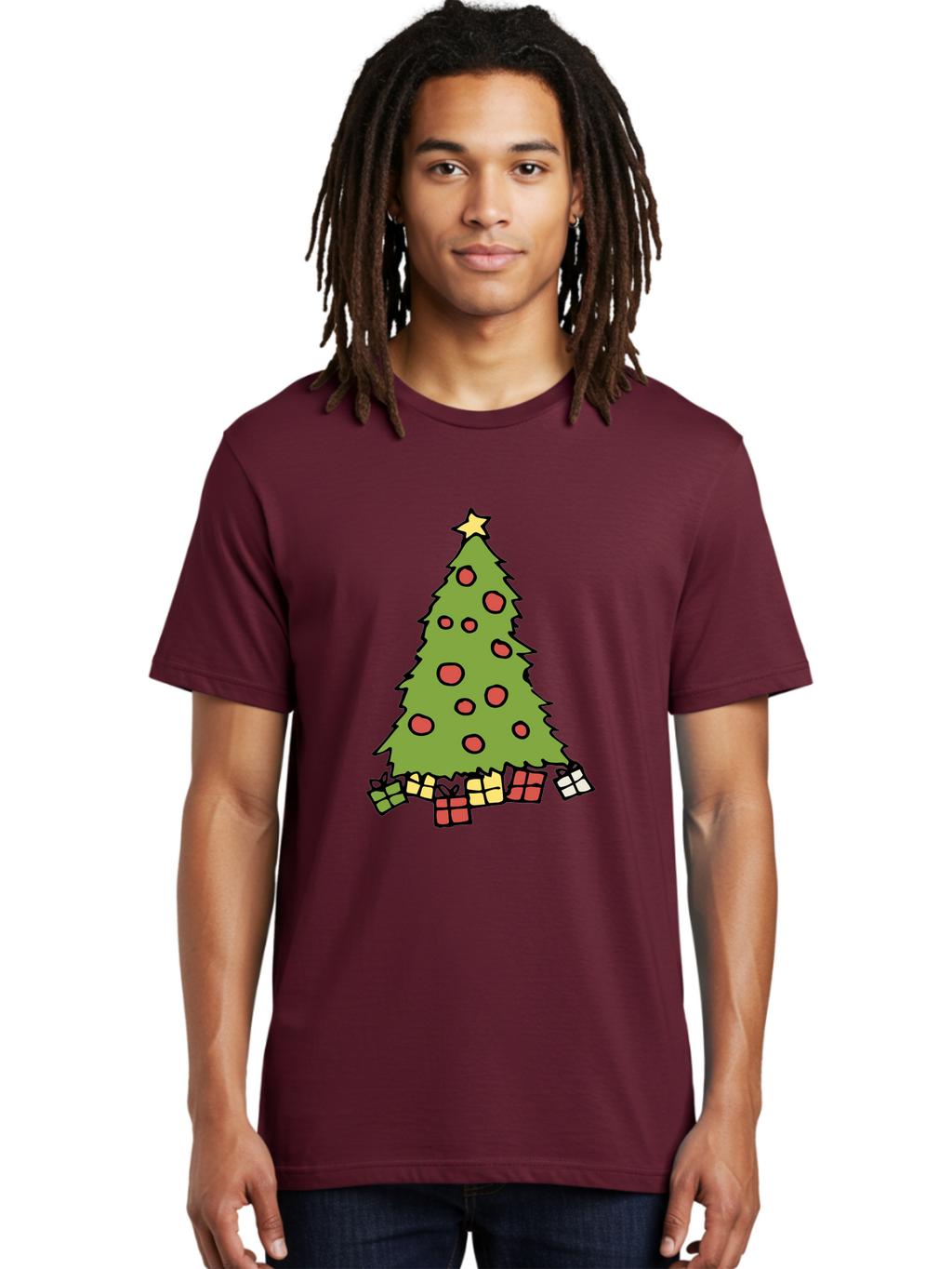 Christmas-Tree-3 Men'S Graphic Tee, 100% Cotton, Comfortable Casual Summer Wear, Machine Washable, Christmas Tree, Red Ornaments, Festive Decorations, Wrapped Gifts, Holiday Season, Joyful Atmosphere, Cartoon Style, Golden Star, -  Aaa824