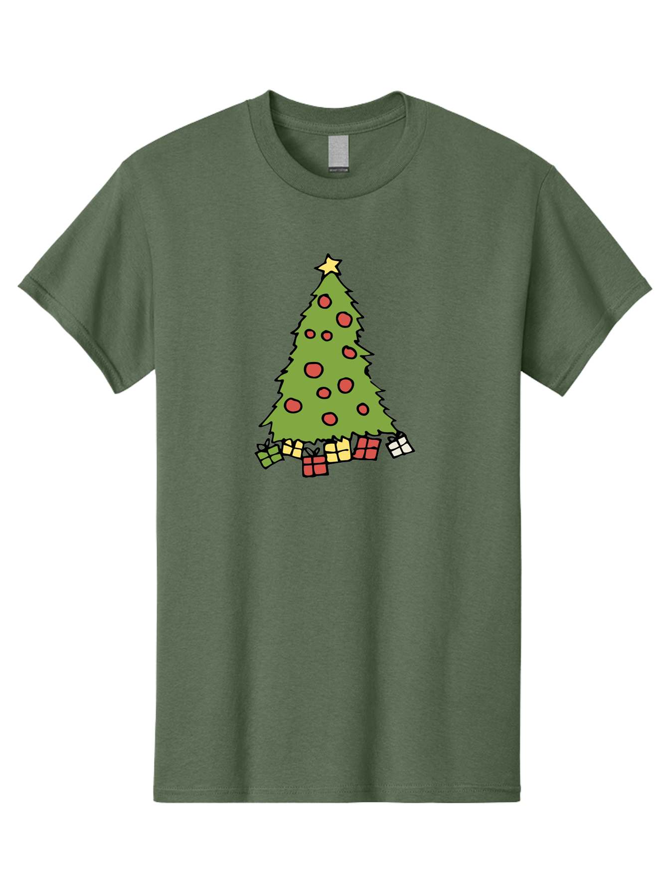 Christmas-Tree-3 Men'S Graphic Tee, 100% Cotton, Comfortable Casual Summer Wear, Machine Washable, Christmas Tree, Red Ornaments, Festive Decorations, Wrapped Gifts, Holiday Season, Joyful Atmosphere, Cartoon Style, Golden Star, -  Aaa824