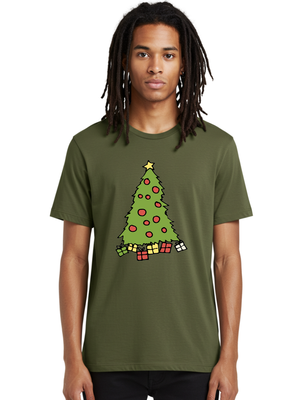 Christmas-Tree-3 Men'S Graphic Tee, 100% Cotton, Comfortable Casual Summer Wear, Machine Washable, Christmas Tree, Red Ornaments, Festive Decorations, Wrapped Gifts, Holiday Season, Joyful Atmosphere, Cartoon Style, Golden Star, -  Aaa824