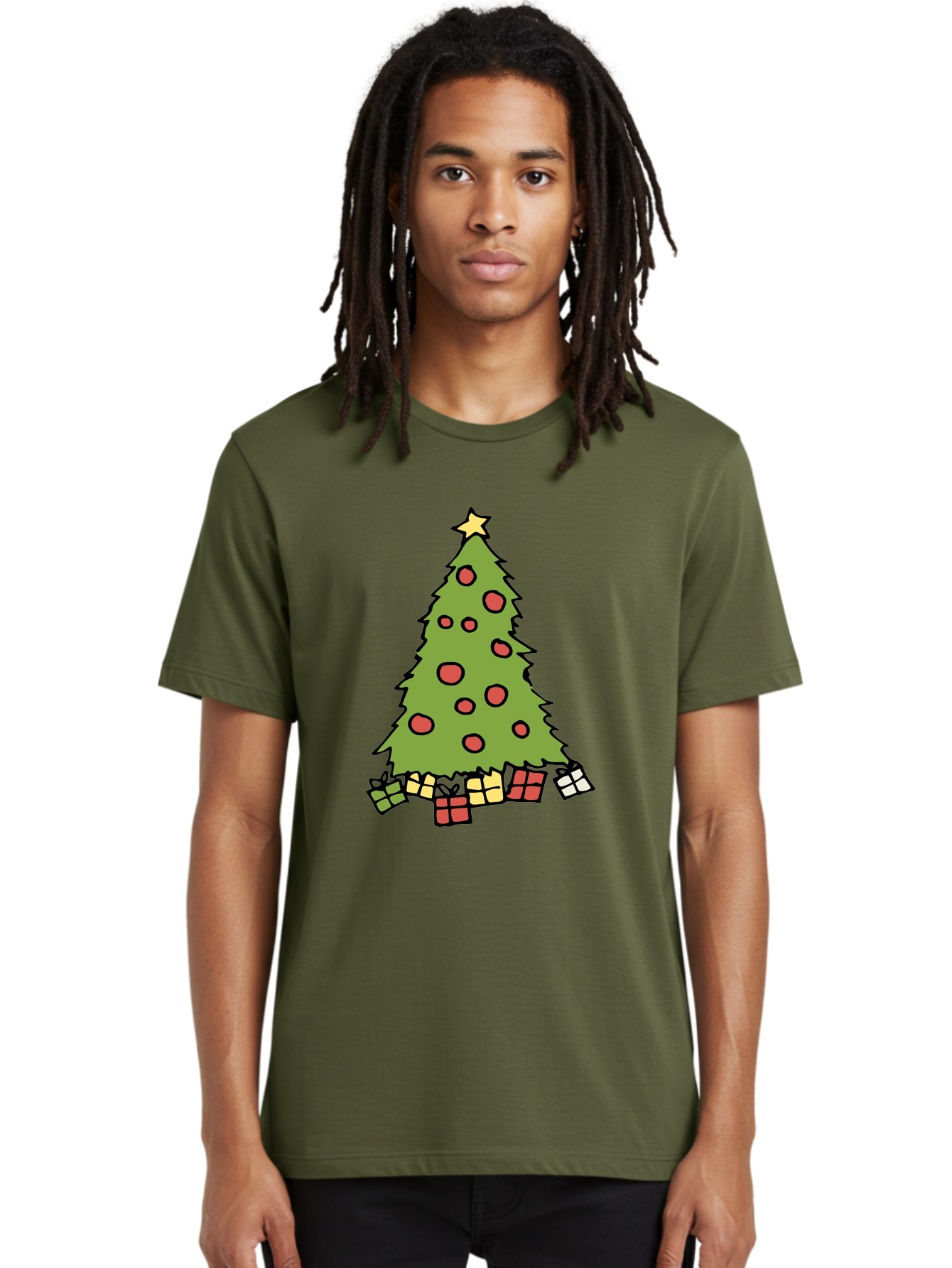 Christmas-Tree-3 Men'S Graphic Tee, 100% Cotton, Comfortable Casual Summer Wear, Machine Washable, Christmas Tree, Red Ornaments, Festive Decorations, Wrapped Gifts, Holiday Season, Joyful Atmosphere, Cartoon Style, Golden Star, -  Aaa824