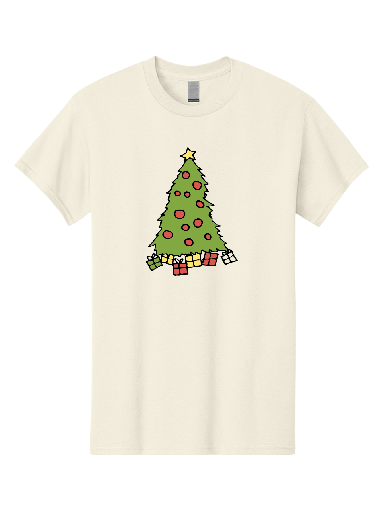 Christmas-Tree-3 Men'S Graphic Tee, 100% Cotton, Comfortable Casual Summer Wear, Machine Washable, Christmas Tree, Red Ornaments, Festive Decorations, Wrapped Gifts, Holiday Season, Joyful Atmosphere, Cartoon Style, Golden Star, -  Aaa824