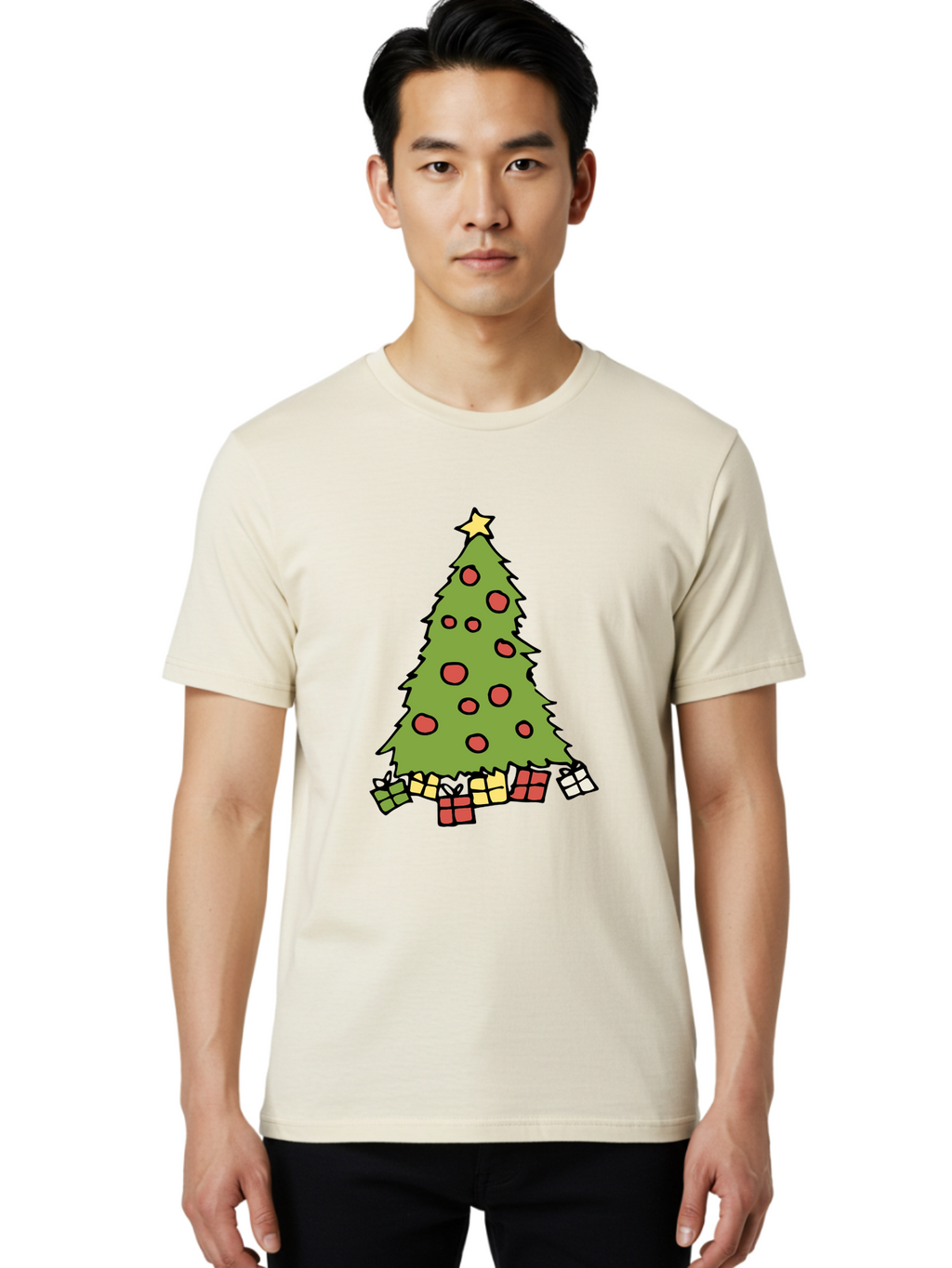 Christmas-Tree-3 Men'S Graphic Tee, 100% Cotton, Comfortable Casual Summer Wear, Machine Washable, Christmas Tree, Red Ornaments, Festive Decorations, Wrapped Gifts, Holiday Season, Joyful Atmosphere, Cartoon Style, Golden Star, -  Aaa824