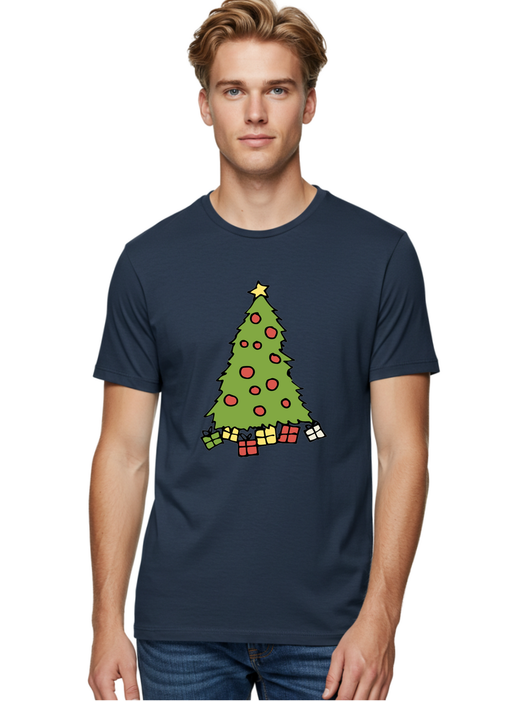 Christmas-Tree-3 Men'S Graphic Tee, 100% Cotton, Comfortable Casual Summer Wear, Machine Washable, Christmas Tree, Red Ornaments, Festive Decorations, Wrapped Gifts, Holiday Season, Joyful Atmosphere, Cartoon Style, Golden Star, -  Aaa824