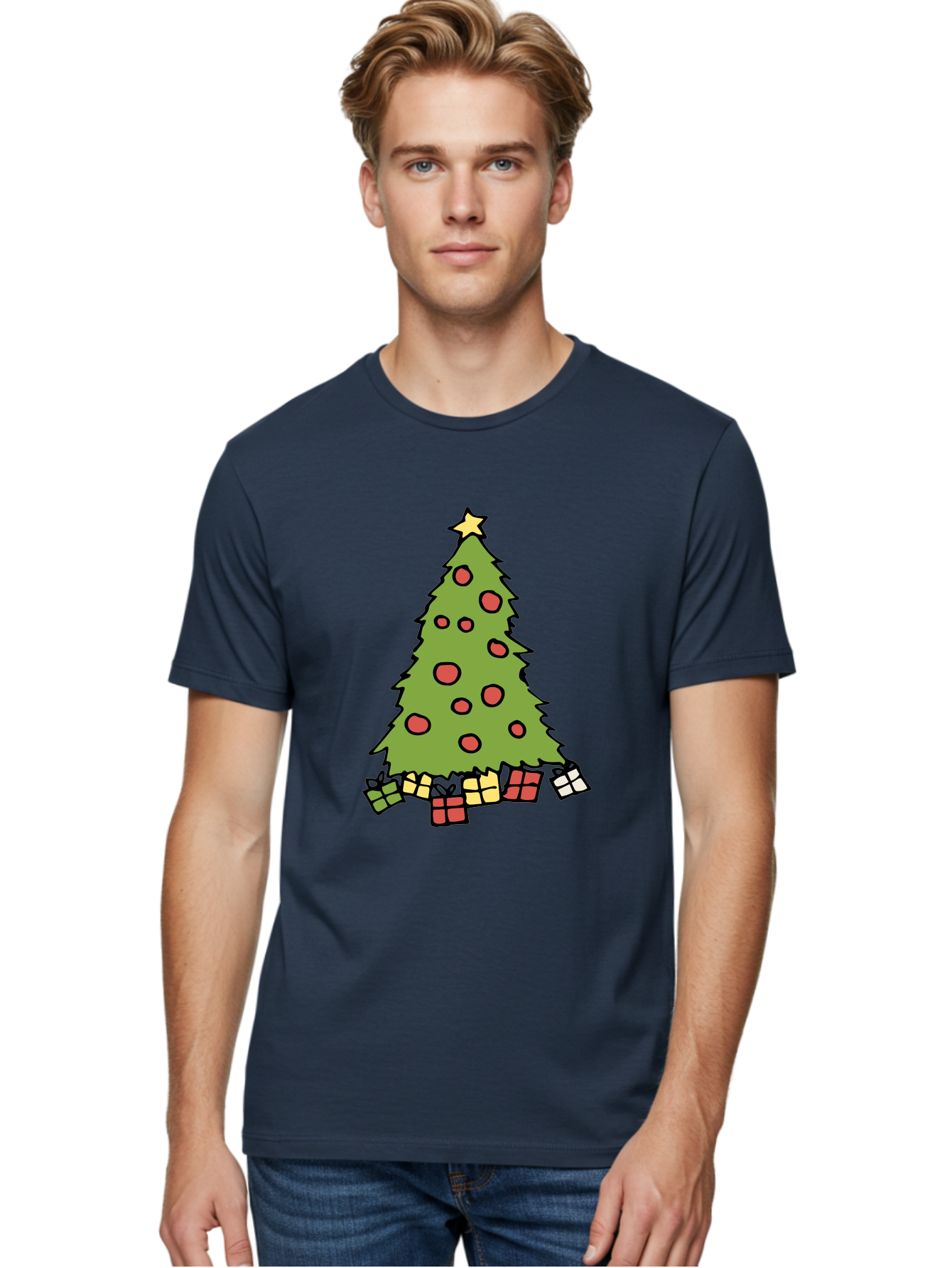 Christmas-Tree-3 Men'S Graphic Tee, 100% Cotton, Comfortable Casual Summer Wear, Machine Washable, Christmas Tree, Red Ornaments, Festive Decorations, Wrapped Gifts, Holiday Season, Joyful Atmosphere, Cartoon Style, Golden Star, -  Aaa824