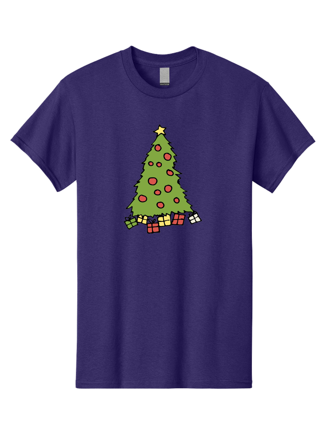 Christmas-Tree-3 Men'S Graphic Tee, 100% Cotton, Comfortable Casual Summer Wear, Machine Washable, Christmas Tree, Red Ornaments, Festive Decorations, Wrapped Gifts, Holiday Season, Joyful Atmosphere, Cartoon Style, Golden Star, -  Aaa824