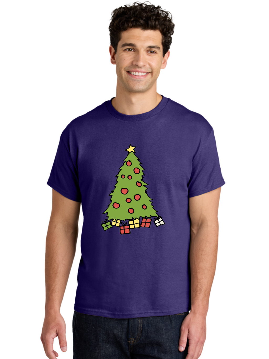 Christmas-Tree-3 Men'S Graphic Tee, 100% Cotton, Comfortable Casual Summer Wear, Machine Washable, Christmas Tree, Red Ornaments, Festive Decorations, Wrapped Gifts, Holiday Season, Joyful Atmosphere, Cartoon Style, Golden Star, -  Aaa824