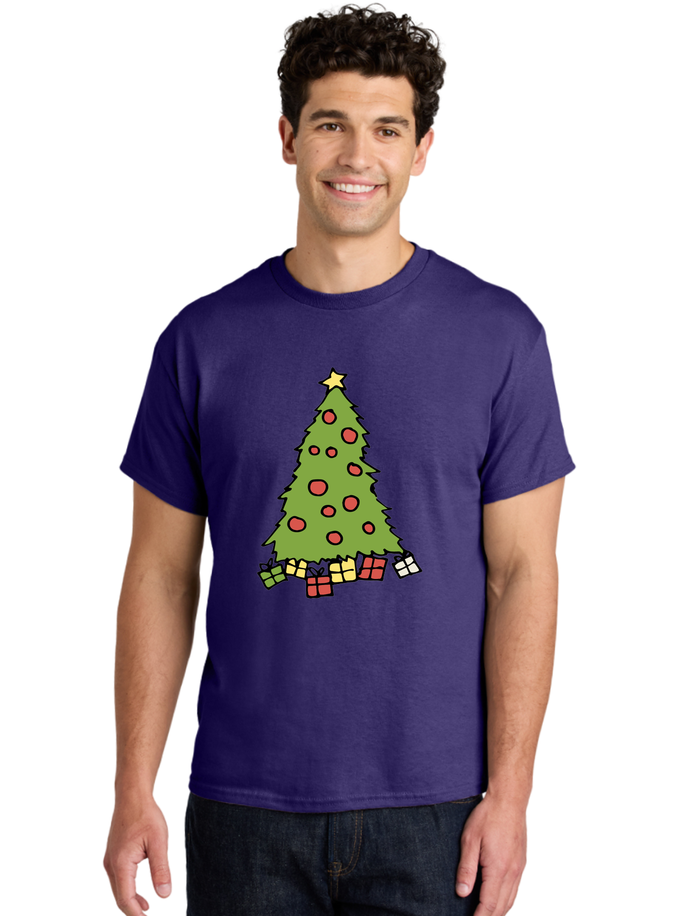 Christmas-Tree-3 Men'S Graphic Tee, 100% Cotton, Comfortable Casual Summer Wear, Machine Washable, Christmas Tree, Red Ornaments, Festive Decorations, Wrapped Gifts, Holiday Season, Joyful Atmosphere, Cartoon Style, Golden Star, -  Aaa824