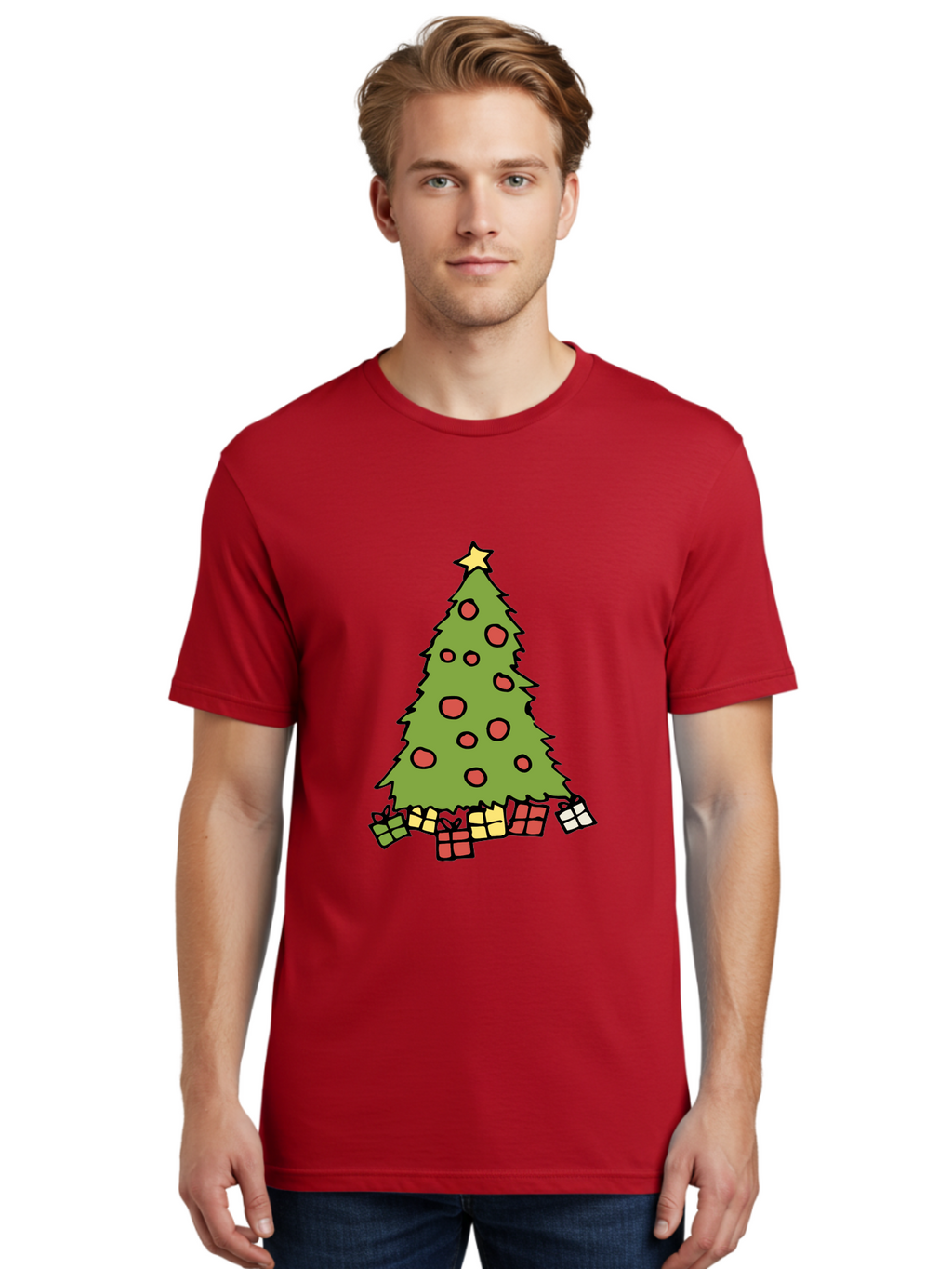 Christmas-Tree-3 Men'S Graphic Tee, 100% Cotton, Comfortable Casual Summer Wear, Machine Washable, Christmas Tree, Red Ornaments, Festive Decorations, Wrapped Gifts, Holiday Season, Joyful Atmosphere, Cartoon Style, Golden Star, -  Aaa824