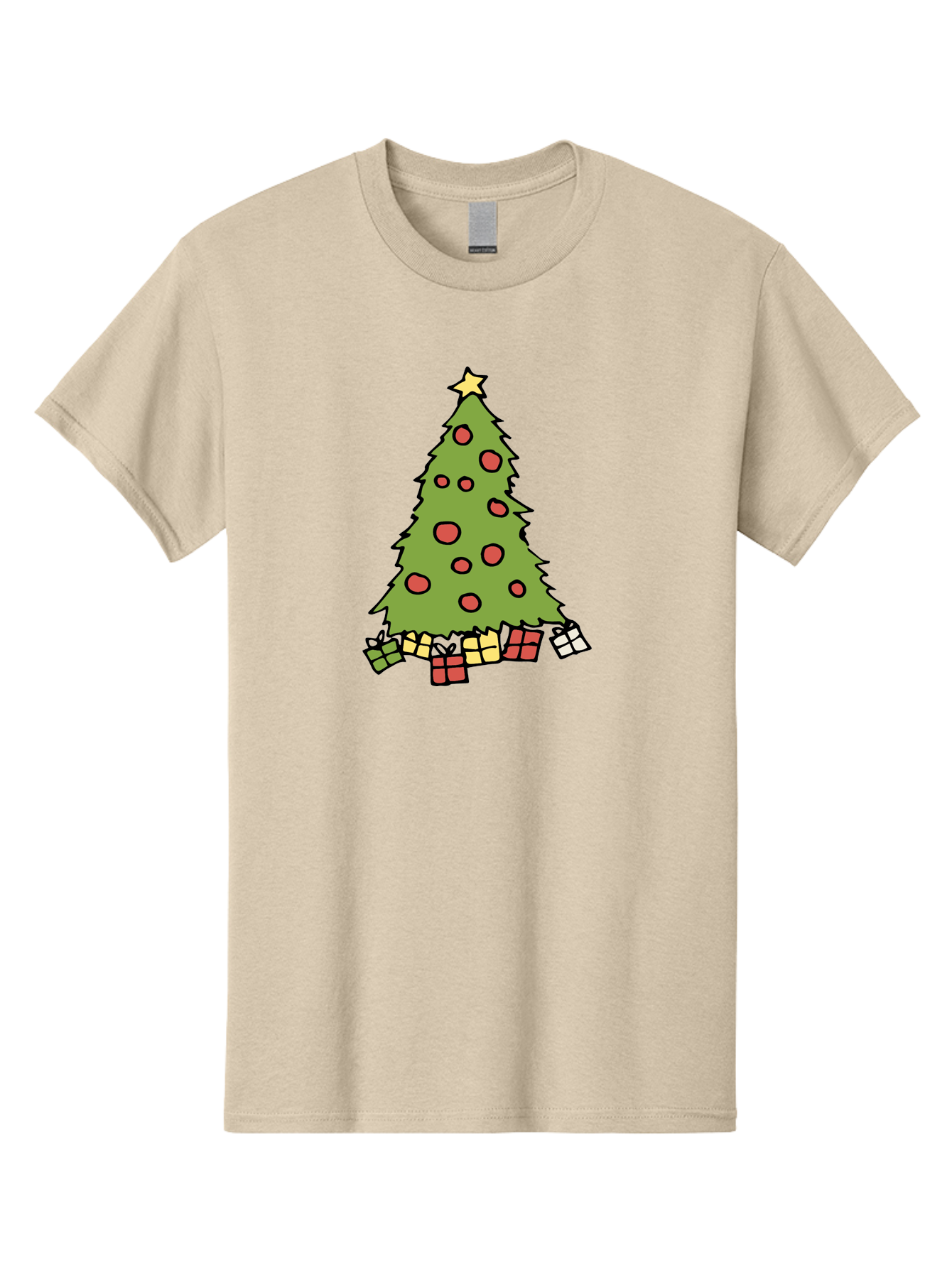 Christmas-Tree-3 Men'S Graphic Tee, 100% Cotton, Comfortable Casual Summer Wear, Machine Washable, Christmas Tree, Red Ornaments, Festive Decorations, Wrapped Gifts, Holiday Season, Joyful Atmosphere, Cartoon Style, Golden Star, -  Aaa824