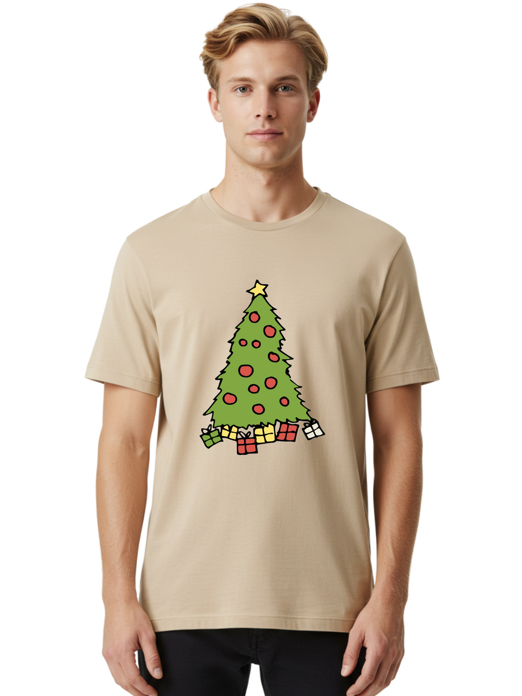 Christmas-Tree-3 Men'S Graphic Tee, 100% Cotton, Comfortable Casual Summer Wear, Machine Washable, Christmas Tree, Red Ornaments, Festive Decorations, Wrapped Gifts, Holiday Season, Joyful Atmosphere, Cartoon Style, Golden Star, -  Aaa824
