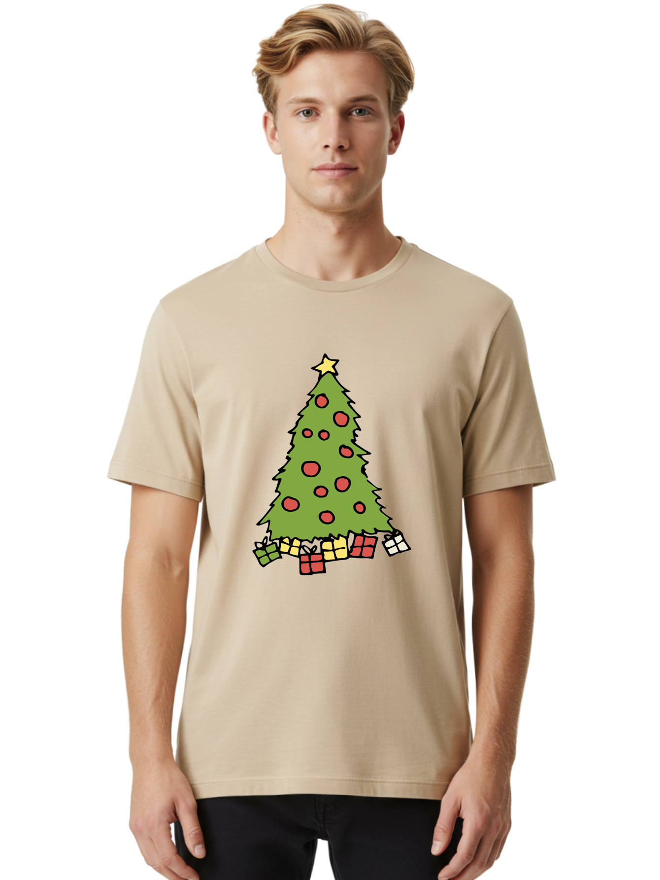 Christmas-Tree-3 Men'S Graphic Tee, 100% Cotton, Comfortable Casual Summer Wear, Machine Washable, Christmas Tree, Red Ornaments, Festive Decorations, Wrapped Gifts, Holiday Season, Joyful Atmosphere, Cartoon Style, Golden Star, -  Aaa824