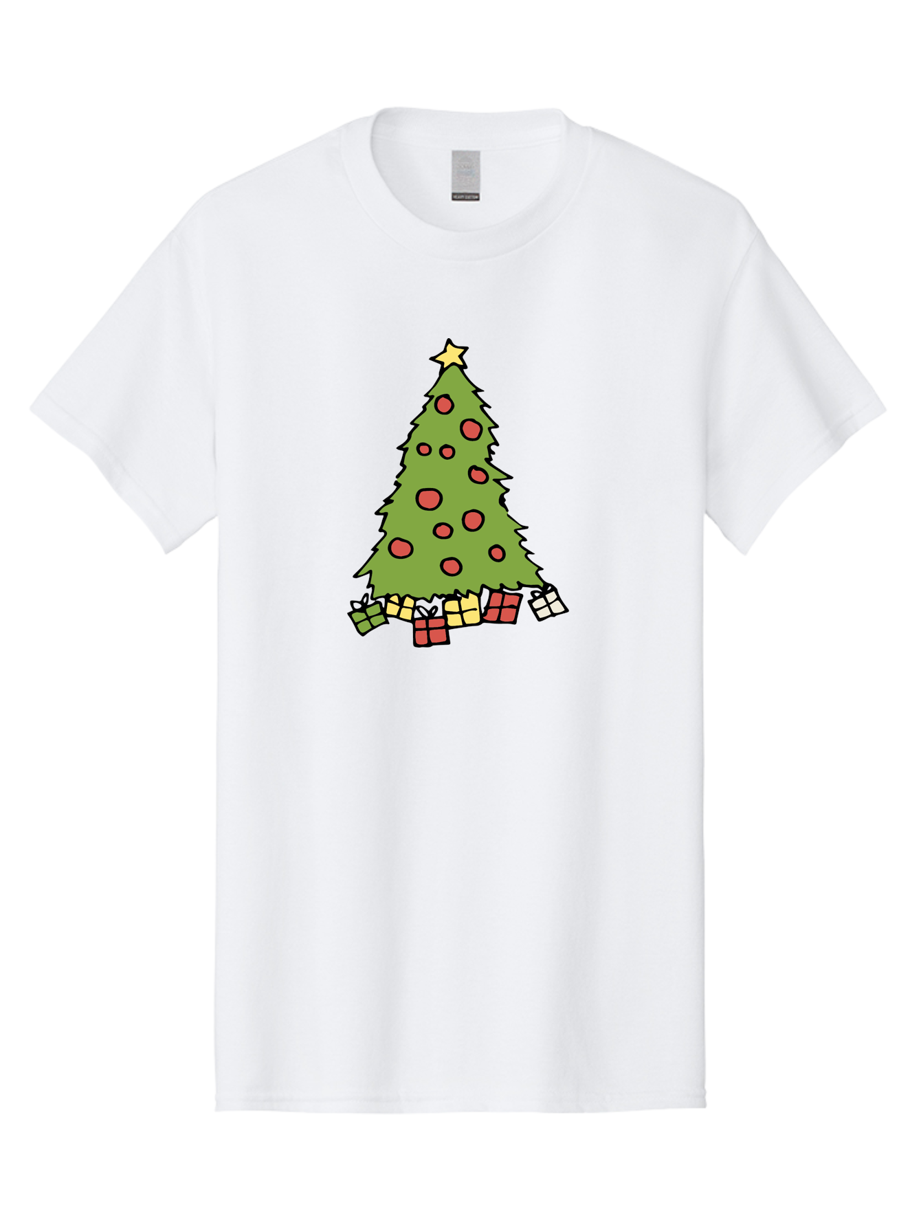 Christmas-Tree-3 Men'S Graphic Tee, 100% Cotton, Comfortable Casual Summer Wear, Machine Washable, Christmas Tree, Red Ornaments, Festive Decorations, Wrapped Gifts, Holiday Season, Joyful Atmosphere, Cartoon Style, Golden Star, -  Aaa824