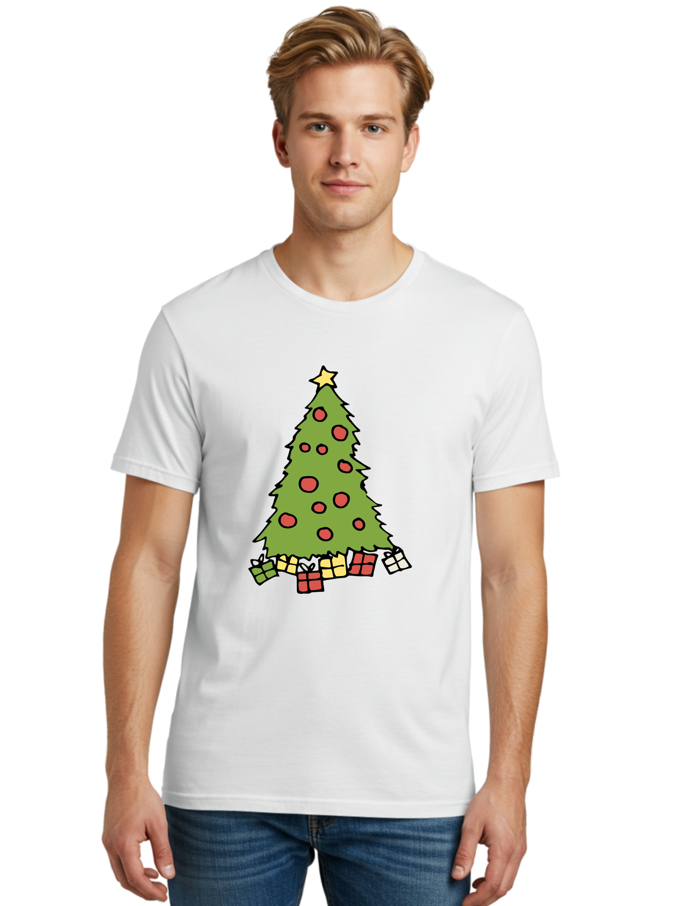 Christmas-Tree-3 Men'S Graphic Tee, 100% Cotton, Comfortable Casual Summer Wear, Machine Washable, Christmas Tree, Red Ornaments, Festive Decorations, Wrapped Gifts, Holiday Season, Joyful Atmosphere, Cartoon Style, Golden Star, -  Aaa824
