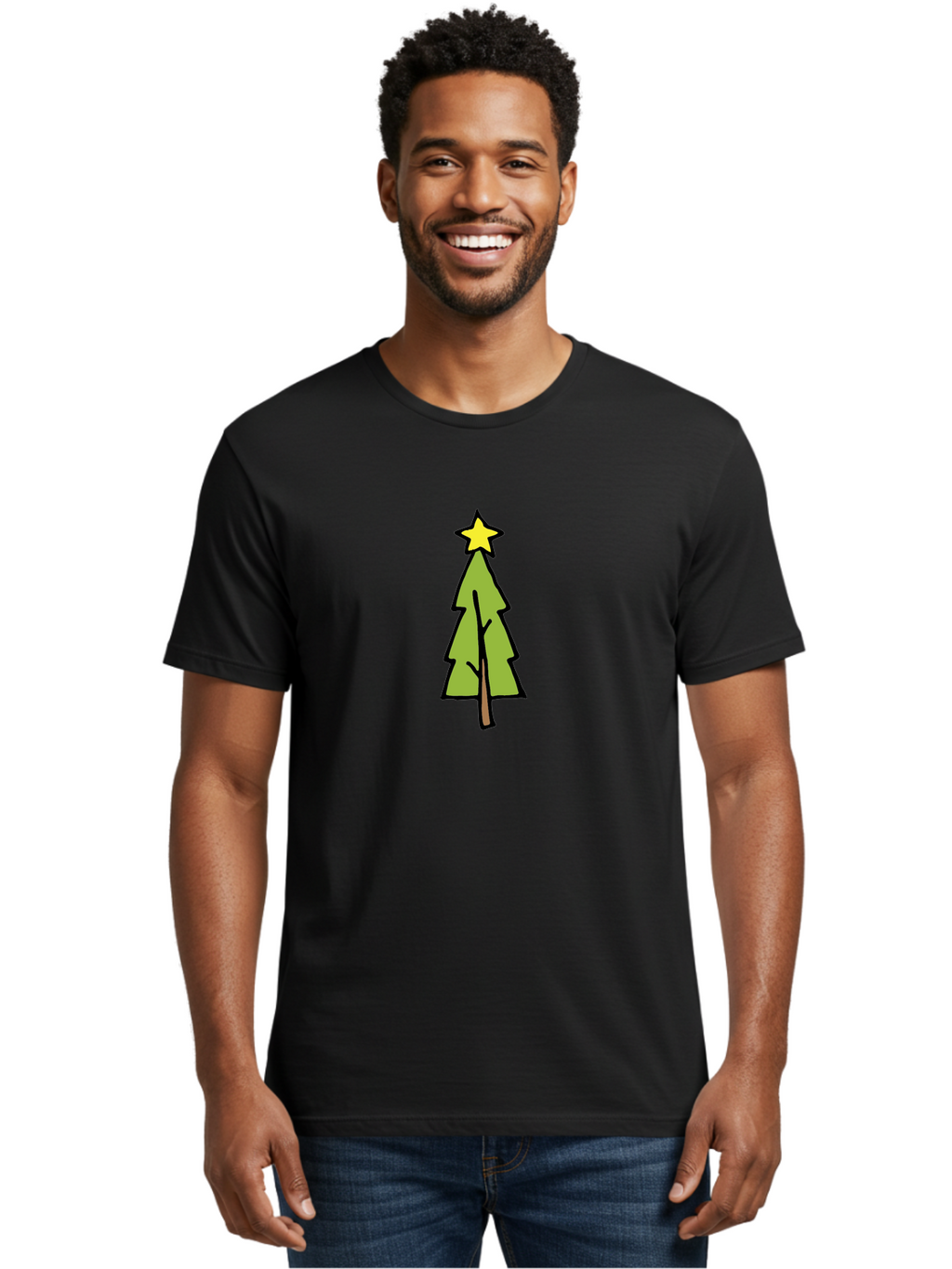 Christmas-Tree-4 Men'S Graphic Tee, 100% Cotton, Comfortable Casual Summer Wear, Machine Washable, Christmas Tree, Festive Season, Holiday Decorations, Star Topper, Cartoon Style, Simple Design, Green Tree, Yellow Star, Winter Wonderland, -  Aaa825