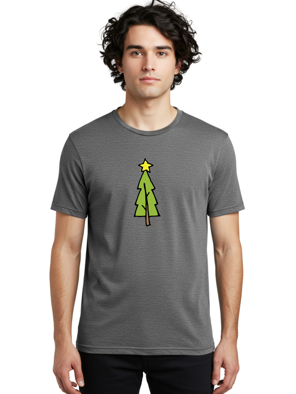 Christmas-Tree-4 Men'S Graphic Tee, 100% Cotton, Comfortable Casual Summer Wear, Machine Washable, Christmas Tree, Festive Season, Holiday Decorations, Star Topper, Cartoon Style, Simple Design, Green Tree, Yellow Star, Winter Wonderland, -  Aaa825