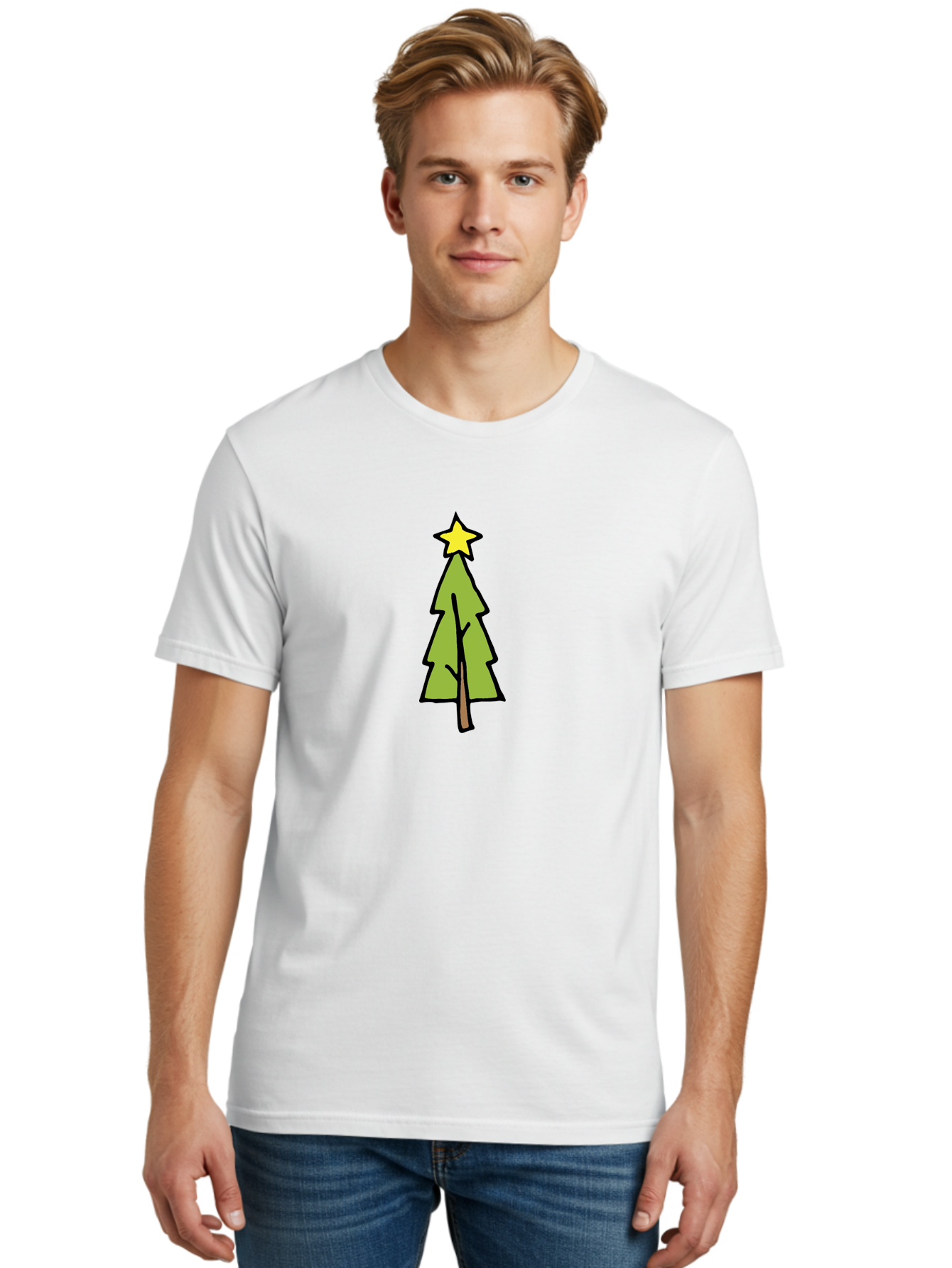 Christmas-Tree-4 Men'S Graphic Tee, 100% Cotton, Comfortable Casual Summer Wear, Machine Washable, Christmas Tree, Festive Season, Holiday Decorations, Star Topper, Cartoon Style, Simple Design, Green Tree, Yellow Star, Winter Wonderland, -  Aaa825