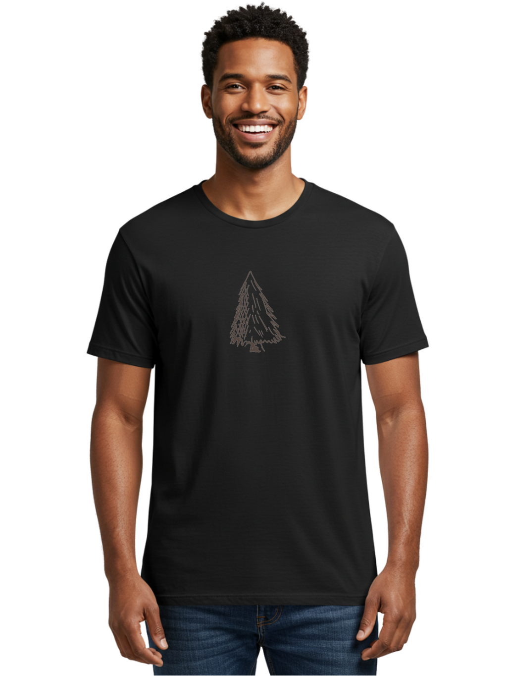 Christmas-Tree Men'S Graphic Tee, 100% Cotton, Comfortable Casual Summer Wear, Machine Washable, Hand Drawn Pine Tree, Simple Illustration, Minimalist Design, Triangular Shape, Dark Gray Lines, Rustic Charm, Whimsical Art, Forest Symbol -  Aaa826