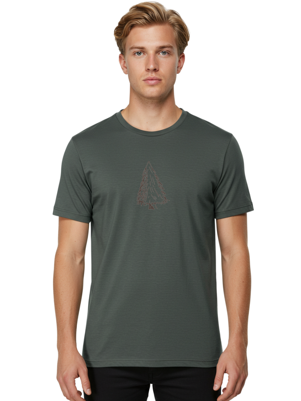 Christmas-Tree Men'S Graphic Tee, 100% Cotton, Comfortable Casual Summer Wear, Machine Washable, Hand Drawn Pine Tree, Simple Illustration, Minimalist Design, Triangular Shape, Dark Gray Lines, Rustic Charm, Whimsical Art, Forest Symbol -  Aaa826