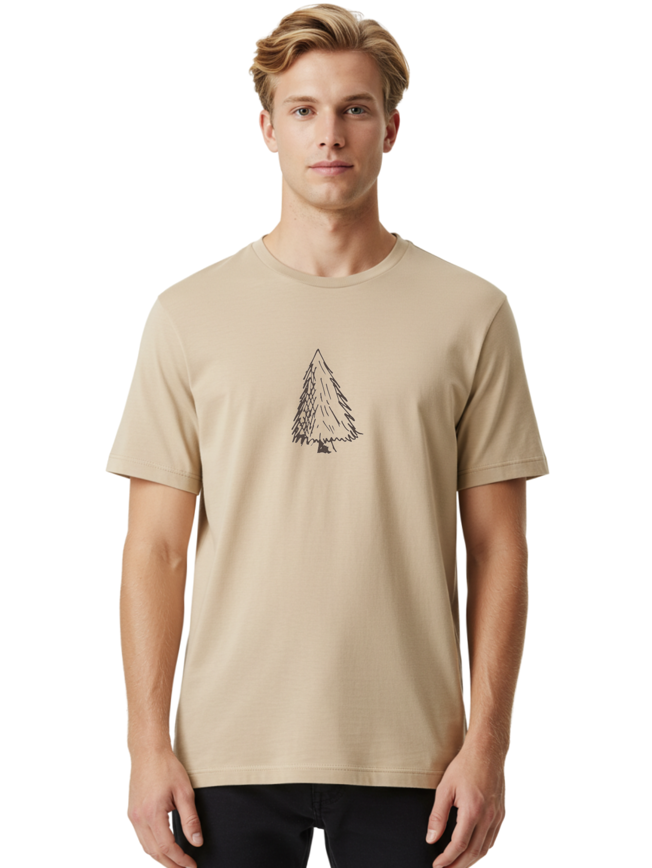 Christmas-Tree Men'S Graphic Tee, 100% Cotton, Comfortable Casual Summer Wear, Machine Washable, Hand Drawn Pine Tree, Simple Illustration, Minimalist Design, Triangular Shape, Dark Gray Lines, Rustic Charm, Whimsical Art, Forest Symbol -  Aaa826