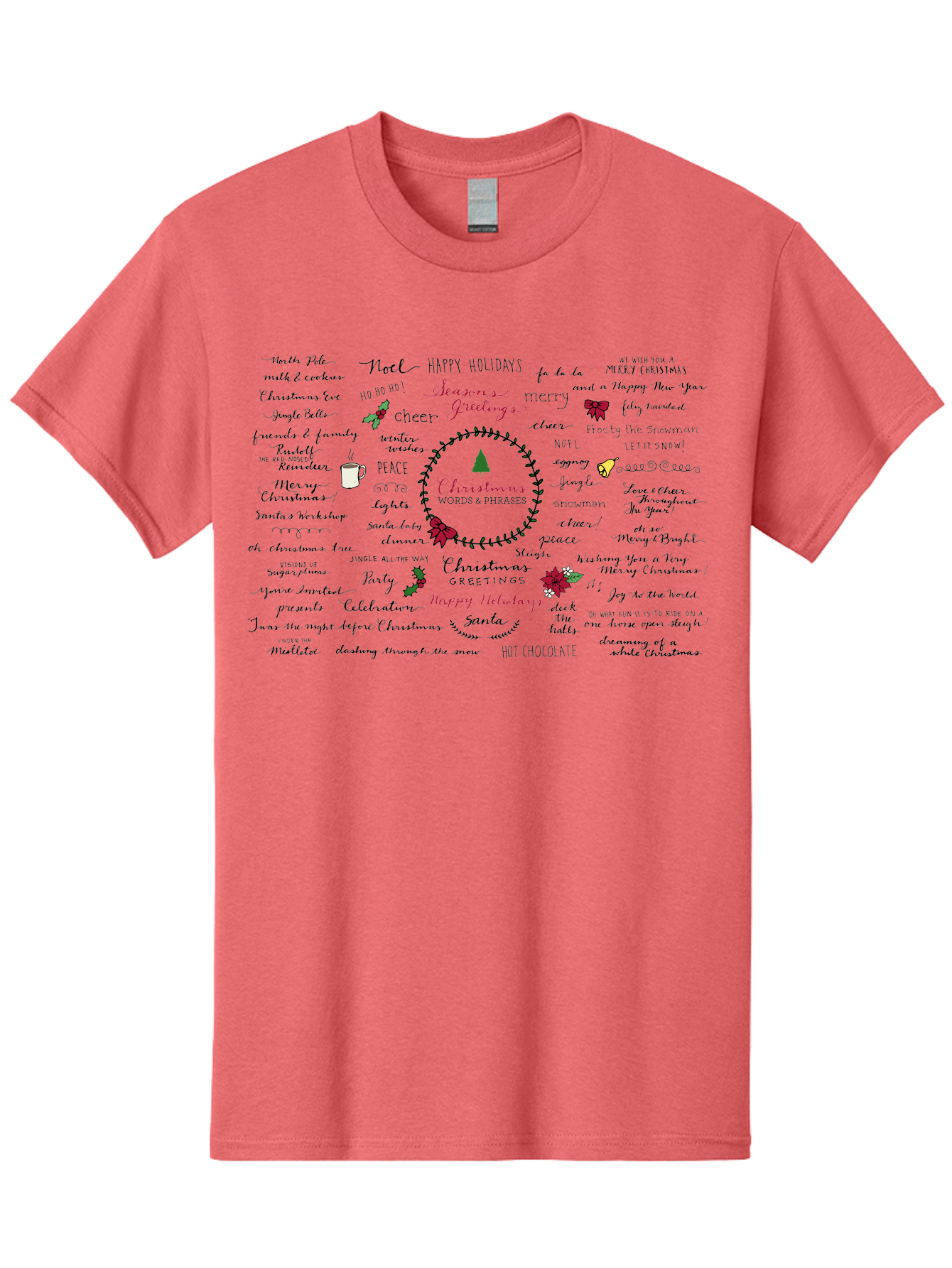 Christmas-Words-Phrases-1 Men'S Graphic Tee, 100% Cotton, Comfortable Casual Summer Wear, Machine Washable, Christmas Greetings, Holiday Cheer, Festive Wishes, Joyful Celebrations, Merry Christmas, Happy Holidays, Christmas Tree, Holly, -  Aaa828