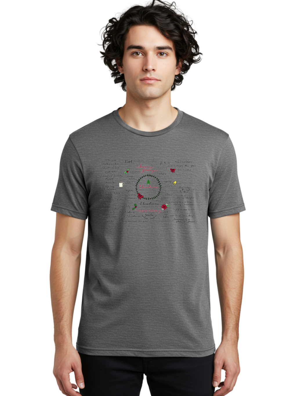 Christmas-Words-Phrases-1 Men'S Graphic Tee, 100% Cotton, Comfortable Casual Summer Wear, Machine Washable, Christmas Greetings, Holiday Cheer, Festive Wishes, Joyful Celebrations, Merry Christmas, Happy Holidays, Christmas Tree, Holly, -  Aaa828