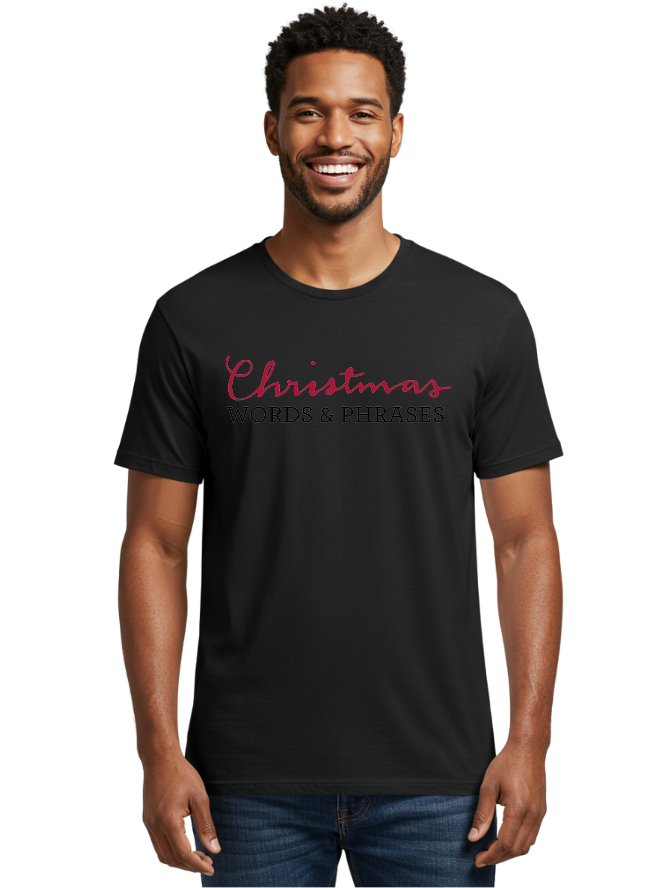Christmas-Words-Phrases-2 Men'S Graphic Tee, 100% Cotton, Comfortable Casual Summer Wear, Machine Washable, Christmas Graphics, Holiday Phrases, Festive Fonts, Christmas Vocabulary, Seasonal Wording, Red And Black Text -  Aaa829