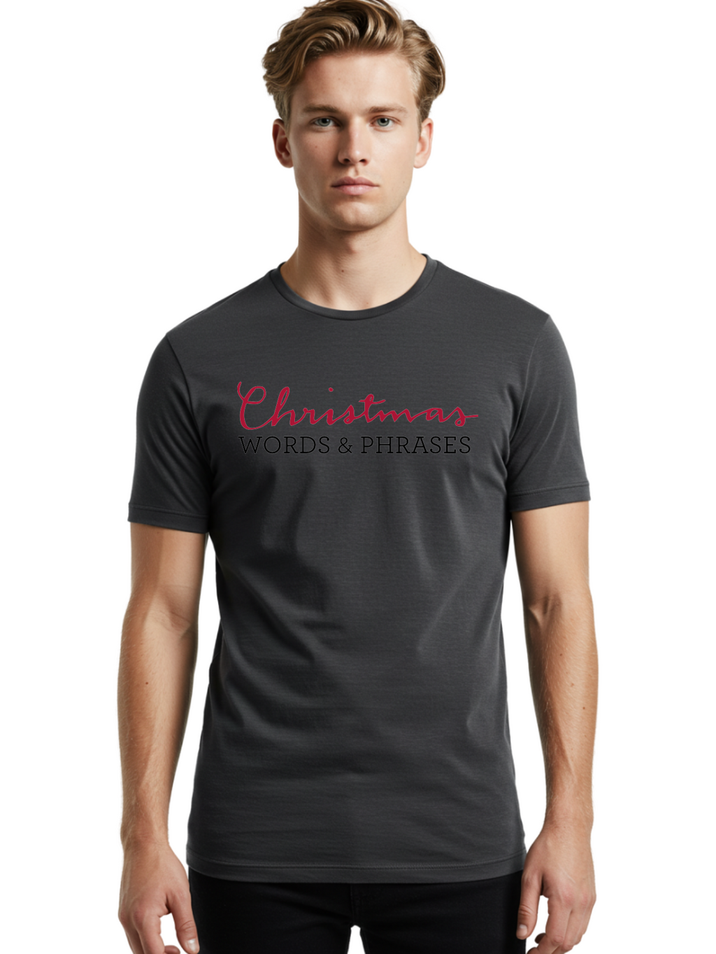 Christmas-Words-Phrases-2 Men'S Graphic Tee, 100% Cotton, Comfortable Casual Summer Wear, Machine Washable, Christmas Graphics, Holiday Phrases, Festive Fonts, Christmas Vocabulary, Seasonal Wording, Red And Black Text -  Aaa829
