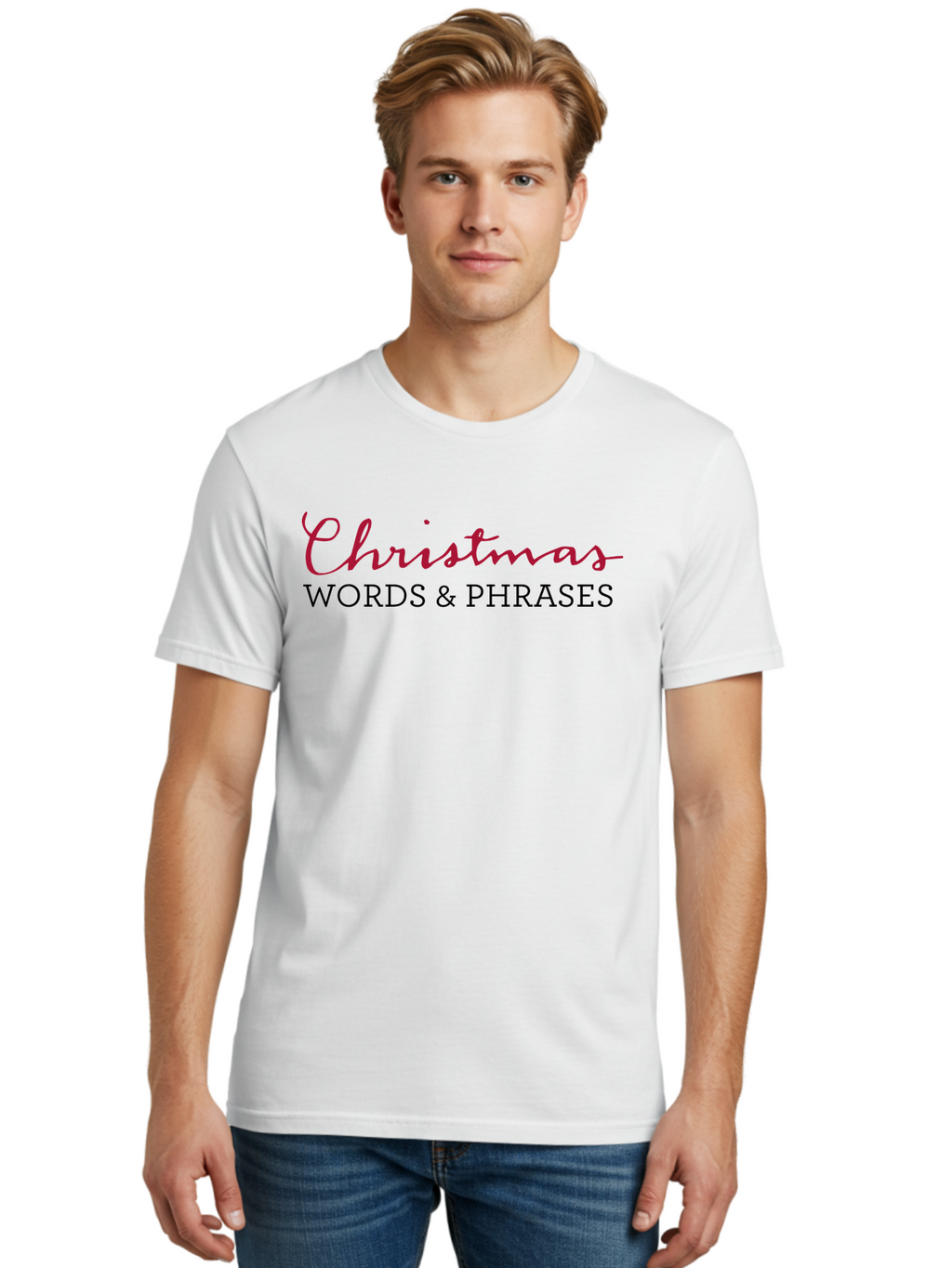 Christmas-Words-Phrases-2 Men'S Graphic Tee, 100% Cotton, Comfortable Casual Summer Wear, Machine Washable, Christmas Graphics, Holiday Phrases, Festive Fonts, Christmas Vocabulary, Seasonal Wording, Red And Black Text -  Aaa829