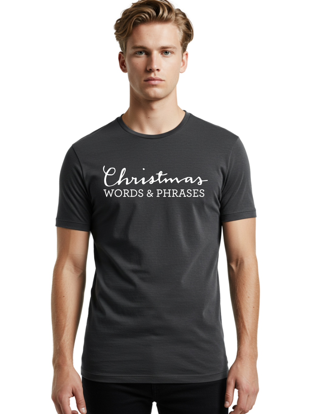 Christmas-Words-Phrases Men'S Graphic Tee, 100% Cotton, Comfortable Casual Summer Wear, Machine Washable, Christmas Words, Holiday Phrases, Festive Language, Christmas Vocabulary, Winter Phrases, Seasonal Expressions, Christmas Terminology -  Aaa830
