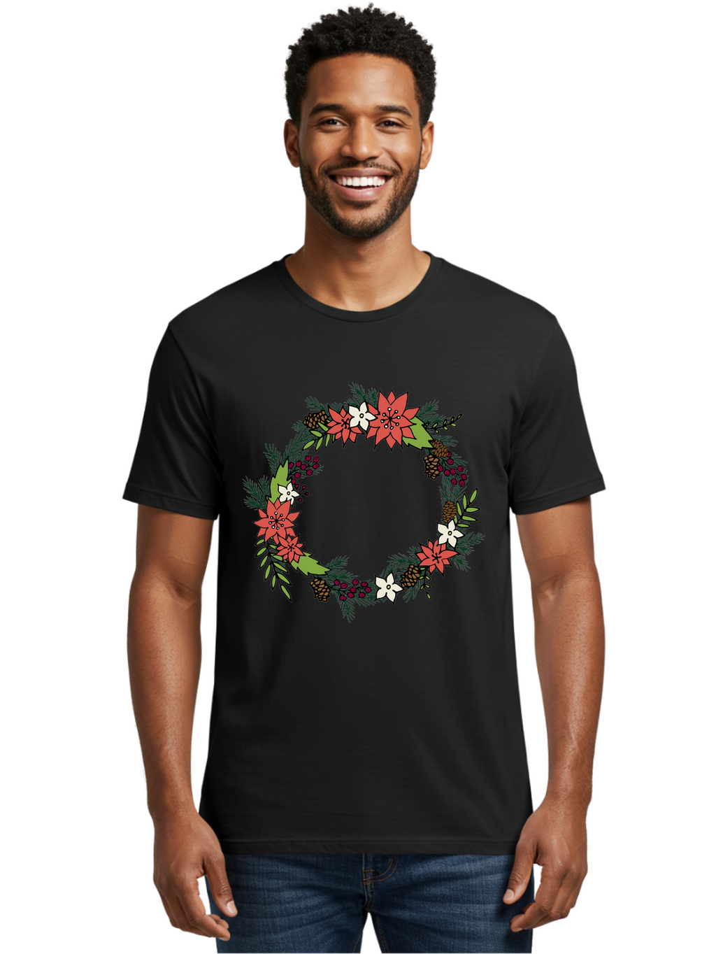 Christmas-Wreath Men'S Graphic Tee, 100% Cotton, Comfortable Casual Summer Wear, Machine Washable, Christmas Wreath, Holiday Decor, Festive Flowers, Red And White Blooms, Pinecones, Evergreen Branches, Seasonal Decoration, -  Aaa831